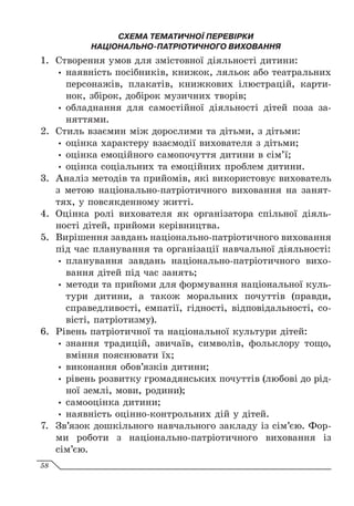 СХЕМА ТЕМАТИЧНОЇ ПЕРЕВІРКИ
НАЦІОНАЛЬНО-ПАТРІОТИЧНОГО ВИХОВАННЯ
1.	 Створення умов для змістовної діяльності дитини:
y
y наявність посібників, книжок, ляльок або театральних
персонажів, плакатів, книжкових ілюстрацій, карти-
нок, збірок, добірок музичних творів;
y
y обладнання для самостійної діяльності дітей поза за-
няттями.
2.	 Стиль взаємин між дорослими та дітьми, з дітьми:
y
y оцінка характеру взаємодії вихователя з дітьми;
y
y оцінка емоційного самопочуття дитини в сім’ї;
y
y оцінка соціальних та емоційних проблем дитини.
3.	 Аналіз методів та прийомів, які використовує вихователь
з метою національно-патріотичного виховання на занят-
тях, у повсякденному житті.
4.	 Оцінка ролі вихователя як організатора спільної діяль­
ності дітей, прийоми керівництва.
5.	 Вирішення завдань національно-патріотичного виховання
під час планування та організації навчальної діяльності:
y
y планування завдань національно-патріотичного вихо-
вання дітей під час занять;
y
y методи та прийоми для формування національної куль-
тури дитини, а також моральних почуттів (правди,
справедливості, емпатії, гідності, відповідальності, со-
вісті, патріотизму).
6.	 Рівень патріотичної та національної культури дітей:
y
y знання традицій, звичаїв, символів, фольклору тощо,
вміння пояснювати їх;
y
y виконання обов’язків дитини;
y
y рівень розвитку громадянських почуттів (любові до рід-
ної землі, мови, родини);
y
y самооцінка дитини;
y
y наявність оцінно-контрольних дій у дітей.
7.	 Зв’язок дошкільного навчального закладу із сім’єю. Фор-
ми роботи з національно-патріотичного виховання із
сім’єю.
58
 