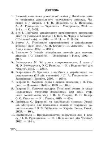 ДЖЕРЕЛА
1.	 Базовий компонент дошкільної освіти / Настільна кни-
га керівника дошкільного навчального закладу.  Ча-
стина  5  / упоряд. : Т. В. Панасюк, С. І. Нерянова,
А.  А.  Грищенко.  — Тернопіль : Мандрівець, 2014. —
144 с. — С. 5–31.
2.	 Бех І. Програма українського патріотичного виховання
дітей та учнівської молоді / І. Бех, К. Чорна // Методист
(Шкільний світ). — 2014. — № 11. — С. 11–25.
3.	 Богуш А. Українське народознавство в дошкільному
закладі : навч. пос. / А. М. Богуш, Н. В. Лисенко. — К. :
Вища школа, 1994. — 398 с.
4.	 Виженко О. Історія запорізьких козаків для веселих
дітлахів / О. Виженко. — Запоріжжя : Гілея, 1992. —
80 с.
5.	 Володарська М. Усі уроки природознавства. 1  клас /
М. О. Володарська, О. О. Ривкіна. — К. : Видавничий дім
“Освіта”, 2012. — 288 с.
6.	 Гавриленко Л. Криниця : посібник з українського на-
родознавства (2-й рік вивчення) / Л. А. Гавриленко. —
Запоріжжя : Просвіта, 2003. — 160 с.
7.	 Гавриш Н. Художнє слово і дитяче мовлення / Н. Гав-
риш. — Донецьк : Лебідь, 1999. — 170 с.
8.	 Гавриш Н. Сонечко мандрує Україною: зошит із укра­
їнознавчими творчими завданнями для дітей стар-
шого дошкільного віку / Н. В. Гавриш, С. О. Бадер,
О. О. Стаєнна. — К. : Генеза, 2015. — 40 с.
9.	 Гноінська О. Державні та національні символи Украї­
ни. Матеріали для проведення занять зі старшими до­
шкільнятами / О. В. Гноінська. — Харків: Веста, Ранок,
2008. — 80 с.
10.		
Грущинська І. Природознавство: підручник для 1 кла-
су / І. В. Грущинська. — К. : Видавничий дім “Освіта”,
2012. — 144 с.
66
 