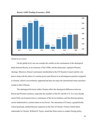 25
Russia’s GDP (Trading Economics, 2020)
Global level context
On the global level, one can consider the conflict as the continuation of the ideological
battle between Russia, as an extension of the USSR, and the democratic, capitalist Western
ideology. Moreover, Russia’s permanent membership in the UN Security Council and the veto
power along with the status of a nuclear power puts Russia in an advantageous position compared
to Ukraine, which is not militarily supported and does not enjoy the international status anywhere
similar to that of Russia.
The ideological divisions within Ukraine reflect the ideological differences between
Russia and Western countries, especially the members of the EU and the U.S. As it was already
noted, Putin can be perceived as a continuator of the Soviet tradition, and thus Russian policies
can be understood to a certain extent as neo-Soviet. The annexation of Crimea, a geopolitically
critical peninsula, marked Russian expansion to the East of Ukraine. Former United States
ambassador to Ukraine, William B. Taylor, stated that Putin seems to conduct foreign policy
 