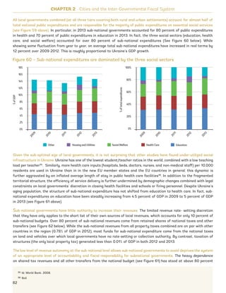 All local governments combined (at all three tiers covering both rural and urban settlements) account for almost half of
total national public expenditures and are responsible for the majority of public expenditures on essential social services
(see Figure 59 above). In particular, in 2013 sub-national governments accounted for 80 percent of public expenditures
in health and 70 percent of public expenditures in education in 2013. In fact, the three social sectors (education, health
care, and social welfare) accounted for over 80 percent of sub-national expenditures (See Figure 60 below). While
showing some fluctuation from year to year, on average total sub-national expenditures have increased in real terms by
12 percent over 2009-2012. This is roughly proportional to Ukraine’s GDP growth.
95 Id. World Bank. 2008.
96 Ibid.
Given the sub-optimal size of local governments, it is not surprising that other studies have found under-utilized social
infrastructure in Ukraine. Ukraine has one of the lowest student/teacher ratios in the world, combined with a low teaching
load per teacher95
. Similarly, more health care inputs (hospitals, beds, doctors, nurses, and non-medical staff) per 10,000
residents are used in Ukraine than in in the new EU member states and the EU countries in general; this dynamic is
further aggravated by an inflated average length of stay in public health care facilities96
. In addition to the fragmented
territorial structure, the efficiency of service delivery is further undermined by demographic changes combined with legal
constraints on local governments’ discretion in closing health facilities and schools or firing personnel. Despite Ukraine’s
aging population, the structure of sub-national expenditure has not shifted from education to health care. In fact, sub-
national expenditures on education have been steadily increasing from 4.5 percent of GDP in 2009 to 5 percent of GDP
in 2013 (see Figure 61 above).
Sub-national governments have little authority to increase their revenues. The limited revenue rate- setting discretion
that they have only applies to the short list of their own sources of local revenues, which accounts for only 10 percent of
sub-national budgets. Over 80 percent of sub-national revenues come from retained shares of national taxes and other
transfers (see Figure 62 below). While the sub-national revenues from all property taxes combined are on par with other
countries in the region (0.78% of GDP in 2012), most funds for sub-national expenditure come from the national taxes
on land and vehicles over which local governments have no rate-setting or collection authority. By contrast, taxation of
structures (the only local property tax) generated less than 0.01% of GDP in both 2012 and 2013.
The low level of revenue autonomy at the sub-national level allows sub-national governments to avoid deprives the system
of an appropriate level of accountability and fiscal responsibility for subnational governments. The heavy dependence
on shared tax revenues and all other transfers from the national budget (see Figure 61) has stood at above 80 percent
CHAPTER 2 Cities and the Inter-Governmental Fiscal System
Figure 60 – Sub-national expenditures are dominated by the three social sectors
82
100%
80%
60%
40%
20%
0%
18%
16%
14%
12%
10%
8%
6%
4%
2%
0%
Other Health CareSocial Welfare EducationHousing and Utilities
%ofGDP
%oftotalexpenditures
2009
2009
2010
2010
2011
2011
2012
2012
2013
2013
Ukraine_2015_nov26.indd 82 2015-11-26 5:14 PM
 