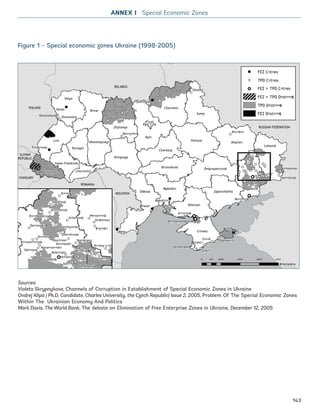 Figure 1 – Special economic zones Ukraine (1998-2005)
Sources:
Violeta Skrypnykova, Channels of Corruption in Establishment of Special Economic Zones in Ukraine
Ondrej Klipa | Ph.D. Candidate, Charles University, the Czech Republic| Issue 2, 2005, Problem Of The Special Economic Zones
Within The Ukrainian Economy And Politics
Mark Davis, The World Bank, The debate on Elimination of Free Enterprise Zones in Ukraine, December 12, 2005
ANNEX I Special Economic Zones
!
!
!
!
!
!
!
!
!
!
!!
!
!
!!
!!!
!
!
!
!
!
!
!
!
!
!
!
!
!
!
!
!!
!
!
!
!
!
!
!
!
!
!
!
!
!
!
!
!
!
!
!
!
ROMANIA
RUSSIAN FEDERATION
BELARUS
POLAND
MOLDOVA
BULGARIA
SERBIA
HUNGARY
SLOVAK
REPUBLIC
Kyiv
Lviv
Sumy
Odessa
Kharkiv
Volyn
Poltava
Rivne
Chernihiv
Zhytomyr
Luhansk
Crimea
Kherson
Vinnytsya
Cherkasy
Mykolaiv
Kirovohrad Dnipropetrovsk
Zaporizhzhia
Ternopil
Khmelnytskyi
Ivano-Frankivsk
Zakarpat Chernivtsi
Kyiv City
Sevastopol
Donetsk
Kyiv
Lviv
Sumy
Odessa
Kharkiv
Volyn
Poltava
Rivne
Chernihiv
Zhytomyr
Luhansk
Crimea
Kherson
Vinnytsya
Cherkasy
Mykolaiv
Kirovohrad Dnipropetrovsk
Zaporizhzhia
Ternopil
Khmelnytskyi
Ivano-Frankivsk
Zakarpat Chernivtsi
Kyiv City
Sevastopol
Donetsk
Novovolynsk Zhovtneve
K
olynsky
Y
K
Novovolynsk Zhovtneve
K
olynsky
Y
K
T s
Kovel
R
T s
Kovel
R
!
!
!
!
!
!
!
!
! !
!
!
!
!
!!!
!
!
!
!
!
!
!
!
!
!
!
!
P
K
Y
TK
P
K
Y
TK
DonetskDonetsk
!
!
s
s
s
!
K
143
Ukraine_2015_nov26.indd 143 2015-11-26 5:14 PM
 
