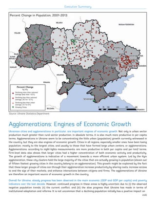 Percent Change in Population, 2001-2013
Percent Change
by city
Declining more than national
average (less than -6.3%)
Declining less than national
average (-6.3 to -5.7%)
Declining less than urban
average (-5.7 to 0%)
Growing Cities
Agglomerations: Engines of Economic Growth
Ukrainian cities and agglomerations in particular, are important engines of economic growth. Not only is urban sector
production much greater than rural sector production, in absolute terms, it is also much more productive in per capita
terms. Agglomerations in Ukraine seem to be concentrating the little urban (population) growth currently witnessed in
the country, but they are also engines of economic growth. Cities in all regions, especially smaller ones, have been losing
population, mostly to the largest cities, and usually to those that have formed large urban centers, or agglomerations.
Agglomerations, according to night-lights measurements, are more productive in both per capita and per km2 terms.
Firm-level data also shows that larger cities had a higher concentration of both economic activity and productivity.
The growth of agglomerations is indicative of a movement towards a more efficient urban system. Led by the Kyiv
agglomeration, these city clusters hold the large majority of the cities that are actually growing in population (eleven out
of fifteen fastest growing cities in the country belong to an agglomeration). This growth might be explained by the fact
that these larger groups of cities can through their agglomeration increase productivity by sharing costs, increase access
to and the size of their markets, and enhance interactions between citizens and firms. The agglomerations of Ukraine
are therefore an important source of economic growth in the country.
Overall for Ukraine, steady progress has been observed in the main economic (GDP and GDP per capita) and poverty
indicators over the last decade. However, continued progress in these areas is highly uncertain due to (i) the observed
negative population trends; (ii) the current conflict; and (iii) the slow progress that Ukraine has made in terms of
institutional adaptation and reforms. It is not uncommon that a declining population initially has a positive impact on
Executive Summary
Source: Ukraine Statistics Department
xviii
Ukraine_2015_nov26.indd 18 2015-11-26 5:14 PM
 