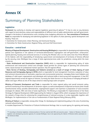 Annex IX
Summary of Planning Stakeholders
Legislative
Parliament has authority to develop and approve legislation governing all spheres.154
It has to vote on any decisions
with regard to local elections, status and responsibilities of different tiers of public administration and self-government,
changes in the borders of administrative units, including cities, budgetary allocation etc. Two committees of Verkhovna
Rada are responsible for developing and submitting legislation in the sphere of urban planning, spatial development and
housing. These are:
1. Committee for Construction, Urban Planning, and Communal Housing
2. Committee for State Construction, Regional Policy, and Local Self-Government
Executive – central level
Ministry of Regional Development, Construction and Housing (MinRegion) is responsible for developing and implementing
policies and regulations in the spheres of territorial-administrative organization and self-government, construction,
spatial planning, housing and communal services. It is led by the Minister who is at the same time Vice Prime Minister
of the Cabinet, with the responsibility of introducing e-government and development of territories of Ukraine affected
by the security crisis. MinRegion has a range of state agencies/services under its jurisdiction, among which the most
crucial are:
• State Architectural and Construction Inspection (SACI) which is responsible for implementing policy of state
architectural and construction control and oversight; issues permits for various types of planning and construction
works; issues licenses for professional market operators. Has 25 regional offices.
• State Service of Geodesy, Cartography and Cadastre (created as a result of merger of State Agency of Land
Resources and Cartography Agency in 2015) which is responsible for land management functions, evaluation of value
and technical characteristics of land plots, expertise and environmental protection, managing State Land Cadastre and
database of valid expert organisations and individuals with technical skills in land survey and management. It has 557
regional departments across all regions of Ukraine. Currently the State Service is in the process of changing all heads of
oblast and rayon offices as one of the steps aimed at reducing large-scale corruption.
Ministry of Economic Development and Trade is responsible for state regional policy and overall economic policy,
performs monitoring of the development of Ukrainian regions, as well as development of deprived territories (that include
monofunctional cities), provides administrative, organizational support and expertise in preparation of socio-economic
strategies for oblasts, ARC and cities of state significance. The Ministry is responsible for implementation of the State
Strategy for Regional Development 2020 (approved by the Cabinet in August 2014), which recognizes the importance of
the network of large cities for enhancing the competitiveness of national economy. It is also responsible, together with
MinRegion, for implementation of the Law on Fundamentals of State Regional Policy (February 2015).
Ministry of Culture is responsible, among other things, for developing and implementing policy in the area of protecting
national cultural heritage.
It includes Department for Protection of Cultural Architectural Heritage, that is crucial agency for agreeing and issuing
154 According to Ukrainian legislation, initiators/authors of the law could be both MPs and executive power – Cabinet of Ministers. All draft
legislator acts developed by executive agencies, for example MinRegion, have to be approved by the Cabinet of Ministers before submission to
the Verkhovna Rada.
ANNEX IX Summary of Planning Stakeholders
194
Ukraine_2015_nov26.indd 194 2015-11-26 5:14 PM
 