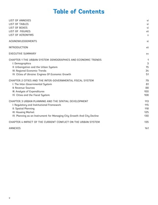 Table of Contents
LIST OF ANNEXES vi
LIST OF TABLES vi
LIST OF BOXES vi
LIST OF FIGURES vii
LIST OF ACRONYMS x
ACKNOWLEDGEMENTS xi
INTRODUCTION xii
EXECUTIVE SUMMARY xv
CHAPTER 1 THE URBAN SYSTEM: DEMOGRAPHICS AND ECONOMIC TRENDS 1
I. Demographics 3
II. Urbanization and the Urban System 15
III. Regional Economic Trends 34
IV. Cities of Ukraine: Engines Of Economic Growth 51
CHAPTER 2 CITIES AND THE INTER-GOVERNMENTAL FISCAL SYSTEM 79
I. The Inter-Governmental System 81
II. Revenue Sources 88
III. Analysis of Expenditures  100
IV. Cities and the Fiscal System 108
CHAPTER 3 URBAN PLANNING AND THE SPATIAL DEVELOPMENT 113
I. Regulatory and Institutional Framework 115
II. Spatial Planning 118
III. Housing Market 125
IV. Planning as an Instrument for Managing City Growth And City Decline 130
CHAPTER 4 IMPACT OF THE CURRENT CONFLICT ON THE URBAN SYSTEM  135
ANNEXES141
v
Ukraine_2015_nov26.indd 5 2015-11-26 5:14 PM
 