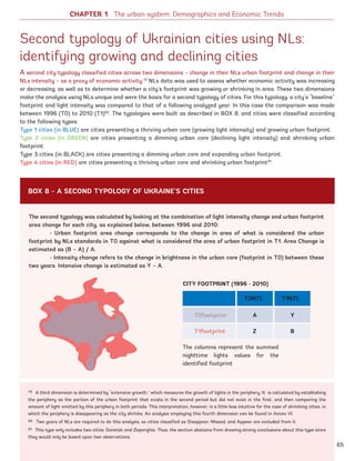 CHAPTER 1 The urban system: Demographics and Economic Trends
79 A third dimension is determined by “extensive growth,” which measures the growth of lights in the periphery. It is calculated by establishing
the periphery as the portion of the urban footprint that exists in the second period but did not exist in the first, and then comparing the
amount of light emitted by this periphery in both periods. This interpretation, however, is a little less intuitive for the case of shrinking cities, in
which the periphery is disappearing as the city shrinks. An analysis employing this fourth dimension can be found in Annex VI.
80 Two years of NLs are required to do this analysis, so cities classified as Disappear, Missed, and Appear are excluded from it.
81 This type only includes two cities: Donetsk and Zaporizhia. Thus, the section abstains from drawing strong conclusions about this type since
they would only be based upon two observations.
Second typology of Ukrainian cities using NLs:
identifying growing and declining cities
A second city typology classified cities across two dimensions – change in their NLs urban footprint and change in their
NLs intensity – as a proxy of economic activity.79
NLs data was used to assess whether economic activity was increasing
or decreasing, as well as to determine whether a city’s footprint was growing or shrinking in area. These two dimensions
make the analysis using NLs unique and were the basis for a second typology of cities. For this typology, a city’s “baseline”
footprint and light intensity was compared to that of a following analyzed year. In this case the comparison was made
between 1996 (T0) to 2010 (T1)80
. The typologies were built as described in BOX 8, and cities were classified according
to the following types:
Type 1 cities (in BLUE) are cities presenting a thriving urban core (growing light intensity) and growing urban footprint.
Type 2 cities (in GREEN) are cities presenting a dimming urban core (declining light intensity) and shrinking urban
footprint.
Type 3 cities (in BLACK) are cities presenting a dimming urban core and expanding urban footprint.
Type 4 cities (in RED) are cities presenting a thriving urban core and shrinking urban footprint81
.
The second typology was calculated by looking at the combination of light intensity change and urban footprint
area change for each city, as explained below, between 1996 and 2010:
	 - Urban footprint area change corresponds to the change in area of what is considered the urban
footprint by NLs standards in T0 against what is considered the area of urban footprint in T1. Area Change is
estimated as (B – A) / A.
	 - Intensity change refers to the change in brightness in the urban core (footprint in T0) between these
two years. Intensive change is estimated as Y – A.
BOX 8 – A SECOND TYPOLOGY OF UKRAINE’S CITIES
65
CITY FOOTPRINT (1996 - 2010)
T0NTL
A
Z
T0footprint
T1footprint
The columns represent the summed
nighttime lights values for the
identified footprint
T1NTL
Y
B
Ukraine_2015_nov26.indd 65 2015-11-26 5:14 PM
 