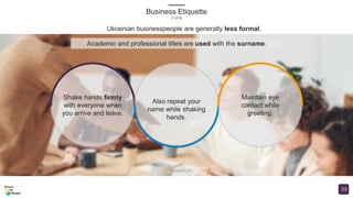 Business Etiquette
(1 of 3)
25
Shake hands firmly
with everyone when
you arrive and leave.
Also repeat your
name while sha...