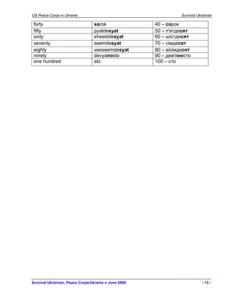 US Peace Corps in Ukraine Survival Ukrainian 
forty 
sorok 
40 – сорок 
fifty 
pyatdesyat 
50 – п'ятдесят 
sixty 
sheestdesyat 
60 – шістдесят 
seventy 
seemdesyat 
70 – сімдесят 
eighty 
veeseemdesyat 
80 – вісімдесят 
ninety 
devyanosto 
90 – дев'яносто 
one hundred 
sto 
100 – сто 
Survival Ukrainian, Peace Corps/Ukraine ● June 2006 - 13 - 
 