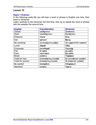 US Peace Corps in Ukraine Survival Ukrainian 
Lesson 15 
Signs = Вивіски 
In the following audio file you will hear a word or phrase in English one time, then twice in Ukrainian. 
Listen carefully to the Ukrainian the first time, then try to repeat the word or phrase with the speaker the second time. 
English 
Transliteration 
Ukrainian 
Closed 
zachyneno 
Зачинено 
Open 
veedchyneno 
Відчинено 
Entrance 
vheed 
Вхід 
Exit 
vyheed 
Вихід 
No smoking! 
ne kooryty/ne palyty 
Не курити!/Не палити! 
Lunch 
obeed 
Обід 
Crosswalk 
perekheed 
Перехід 
Pull 
Push 
do sebe 
veed sebe 
До себе 
Від себе 
Break 
pererva 
Перерва 
Toilet for men 
choloveechyy tooalet 
М (чоловічий туалет) 
Toilet for women 
zheenochyy tooalet 
Ж (жіночий туалет) 
Be careful! 
oberezhno 
Обережно! 
Attention! 
oovaha 
Увага! 
Survival Ukrainian, Peace Corps/Ukraine ● June 2006 - 18 - 
 