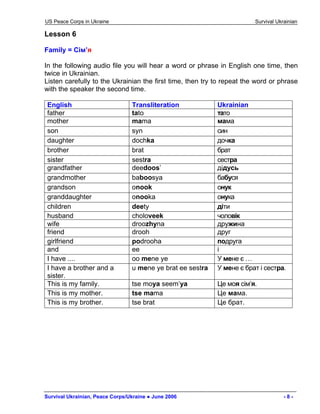 US Peace Corps in Ukraine Survival Ukrainian 
Lesson 6 
Family = Сім’я 
In the following audio file you will hear a word or phrase in English one time, then twice in Ukrainian. 
Listen carefully to the Ukrainian the first time, then try to repeat the word or phrase with the speaker the second time. 
English 
Transliteration 
Ukrainian 
father 
tato 
тато 
mother 
mama 
мама 
son 
syn 
син 
daughter 
dochka 
дочка 
brother 
brat 
брат 
sister 
sestra 
сестра 
grandfather 
deedoos’ 
дідусь 
grandmother 
baboosya 
бабуся 
grandson 
onook 
онук 
granddaughter 
onooka 
онука 
children 
deety 
діти 
husbаnd 
choloveek 
чоловік 
wife 
droozhyna 
дружина 
friend 
drooh 
друг 
girlfriend 
podrooha 
подруга 
and 
ee 
і 
I have .... 
oo mene ye 
У мене є … 
I have a brother and a sister. 
u mene ye brat ee sestra 
У мене є брат і сестра. 
This is my family. 
tse moya seem’ya 
Це моя сім’я. 
This is my mother. 
tse mama 
Це мама. 
This is my brother. 
tse brat 
Це брат. 
Survival Ukrainian, Peace Corps/Ukraine ● June 2006 - 8 - 
 