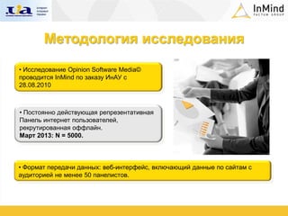 Методология исследования
• Исследование Opinion Software Media©
проводится InMind по заказу ИнАУ с
28.08.2010



• Постоянно действующая репрезентативная
Панель интернет пользователей,
рекрутированная оффлайн.
Март 2013: N = 5000.



• Формат передачи данных: веб-интерфейс, включающий данные по сайтам с
аудиторией не менее 50 панелистов.
 