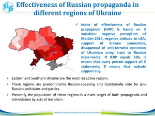 Effectiveness of Russian propaganda in
different regions of Ukraine
 Index of effectiveness of Russian
propaganda (IERP) is based on 5
variables: negative perception of
Maidan-2014, negative attitude to USA,
support of Crimea annexation,
disapproval of anti-terrorist operation
of Ukrainian army, trust to Russian
mass-media. If IERP equals 100, it
means that every person support all 5
statements; 0 means that nobody
support any.
 Eastern and Southern Ukraine are the most receptive regions.
 These regions are predominantly Russian-speaking and traditionally vote for pro-
Russian politicians and parties.
 Presently the population of these regions is a main target of both propaganda and
intimidation by acts of terrorism.
 