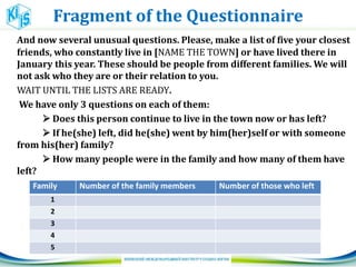 Fragment of the Questionnaire
And now several unusual questions. Please, make a list of five your closest
friends, who constantly live in [NAME THE TOWN] or have lived there in
January this year. These should be people from different families. We will
not ask who they are or their relation to you.
WAIT UNTIL THE LISTS ARE READY.
We have only 3 questions on each of them:
 Does this person continue to live in the town now or has left?
 If he(she) left, did he(she) went by him(her)self or with someone
from his(her) family?
 How many people were in the family and how many of them have
left?
Family Number of the family members Number of those who left
1
2
3
4
5
 