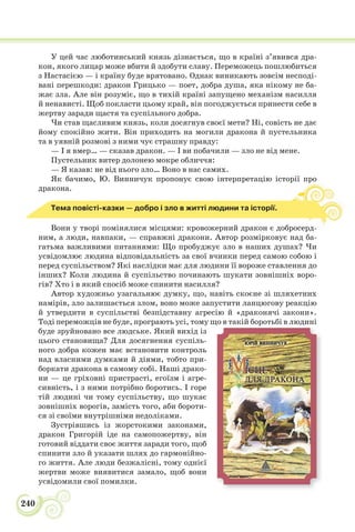 240
У цей час люботинський князь дізнається, що в країні з’явився дра-
кон, якого лицар може вбити й здобути славу. Переможець пошлюбиться
з Настасією — і країну буде врятовано. Однак виникають зовсім несподі-
вані перешкоди: дракон Грицько — поет, добра душа, яка нікому не ба-
жає зла. Але він розуміє, що в тихій країні запущено механізм насилля
й ненависті. Щоб покласти цьому край, він погоджується принести себе в
жертву заради щастя та суспільного добра.
Чи став щасливим князь, коли досягнув своєї мети? Ні, совість не дає
йому спокійно жити. Він приходить на могили дракона й пустельника
та в уявній розмові з ними чує страшну правду:
— І я вмер… — сказав дракон. — І ви побачили — зло не від мене.
Пустельник витер долонею мокре обличчя:
— Я казав: не від нього зло… Воно в нас самих.
Як бачимо, Ю. Винничук пропонує свою інтерпретацію історії про
дракона.
Тема повісті-казки — добро і зло в житті людини та історії.
Вони у творі помінялися місцями: кровожерний дракон є добросерд-
ним, а люди, навпаки, — справжні дракони. Автор розмірковує над ба-
гатьма важливими питаннями: Що пробуджує зло в наших душах? Чи
усвідомлює людина відповідальність за свої вчинки перед самою собою і
перед суспільством? Які наслідки має для людини її вороже ставлення до
інших? Коли людина й суспільство починають шукати зовнішніх воро-
гів? Хто і в який спосіб може спинити насилля?
Автор художньо узагальнює думку, що, навіть скоєне зі шляхетних
намірів, зло залишається злом, воно може запустити ланцюгову реакцію
й утвердити в суспільстві безпідставну агресію й «драконячі закони».
Тоді переможців не буде, програють усі, тому що в такій боротьбі в людині
буде зруйновано все людське. Який вихід із
цього становища? Для досягнення суспіль-
ного добра кожен має встановити контроль
над власними думками й діями, тобто при-
боркати дракона в самому собі. Наші драко-
ни — це гріховні пристрасті, егоїзм і агре-
сивність, і з ними потрібно боротись. І горе
тій людині чи тому суспільству, що шукає
зовнішніх ворогів, замість того, аби бороти-
ся зі своїми внутрішніми недоліками.
Зустрівшись із жорстокими законами,
дракон Григорій іде на самопожертву, він
готовий віддати своє життя заради того, щоб
спинити зло й указати шлях до гармонійно-
го життя. Але люди безжалісні, тому однієї
жертви може виявитися замало, щоб вони
усвідомили свої помилки.
 