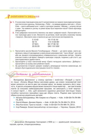 СВІТЛО УКРАЇНСЬКОЇ ПОЕЗІЇ
63
1. У сучасному повсякденному житті натрапляємо на чимало прикладів ритмізова-
них поетичних одиниць. Наприклад, «Tefal — ти завжди думаєш про нас»; «Соса-
Соlа — свято наближається» і навіть з ритмом і римою: «Мезим — шлунку легше
з ним». Чи наявність ритму та рими може бути мірилом поезії? Свою відповідь
обґрунтуйте.
2. У вік цифрових технологій з’явились так звані «цифрові поезії». Прочитайте вго-
лос приклади двох із них. Визначте за ритмом, який настрій у кожному такому
«творінні». Висловте своє ставлення до цих поетичних експериментів.
2 15 42
42 15
37 08 5
20 20 20
18 17!18 16!
115 13 30 06!
90 17! 90 16!
240 110! 526!
3. Прочитайте вислів Василя Голобородька: «Поезія — це свято мови, свято ви-
явлених у вірші й закладених у мові різних можливостей, “гра в бісер”, яка ніяк
або аж занадто опосередковано співвідноситься з реальним світом». Назвіть
ключові слова в цій фразі. Наведіть приклади з віршів, поданих у цій статті, що
ілюструватимуть думки поета.
4. Організуйте у класі поетичний вечір «Свято читацьких захоплень». Доберіть і
прочитайте на ньому свої улюблені поезії.
5. За допомогою інтернет-джерел знайдіть репродукції полотен живописців, які
можуть бути художньою ілюстрацією поняття «поезія».
Володимир Даниленко1
у книжці критики і есеїстики «Лісоруб у пусте-
лі» пише: «Колись Мацуо Басьо висловив думку, що кожен талановитий поет
може написати за життя два-три яскраві вірші, за якими оцінюють його твор-
чість. А десять яскравих віршів може написати тільки майстер ... ми пам’ятаємо
поетів за кількома найяскравішими віршами, які виконують у їхній творчос-
ті сольні партії...». Але, щоб визначити художньо досконалі мистецькі твори,
потрібно прочитати принаймні одну-дві збірки поета. Радимо вам прочитати
збірки сучасних українських авторів:
 Наталка Білоцерківець. Ми помрем не в Парижі. — Київ : А-БА-БА-ГА-ЛА-МА-
ГА, 2015.
 Сергій Жадан. Динамо Харків. — Київ : А-БА-БА-ГА-ЛА-МА-ГА, 2014.
 Ліна Костенко. Триста поезій. — Київ : А-БА-БА-ГА-ЛА-МА-ГА, 2012.
 Ігор Римарук. Божественний вітер: останні вірші. — Чернівці : Букрек, 2012.
1
Данилåнко Володимир Григорович (1959 р.) — український письменник-
прозаїк, критик, літературознавець.
ЗАПИТАННЯ ТА ЗАВДАННЯ
Читаємо із задоволенням
 