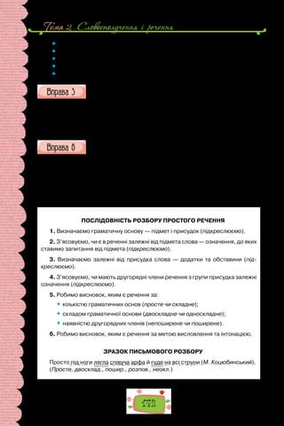 Тема 2 . Словосполучення i речення
142
 	 У яких із поданих речень є однорідні підмети?
 	 У яких реченнях ужито складений підмет?
 	 Чи є серед поданих речень такі, у яких ужито простий присудок?
 	 У яких реченнях ужито дієслівний складений присудок?
 	 У яких реченнях ужито іменний складений присудок?
Випишіть поширені речення, розберіть їх за членами.
1. Вечір був тихий. 2. Обличчя стало мов камінь. 3. І зозуля кувати пе-
рестала. 4. Тато просить зачекати. 5. Хлопець намагався заснути. 6. Ліх-
тарі були мов краплі. 7. Сусід просить повернутися. 8. Починало жевріти
небо. 9. Наталка з братом снідають. 10. «Сто тисяч» — це комедія.
Скориставшись «Довідкою», розберіть подані речення.
Поема «Давня казка» Лесі Українки навіяна образами західноєвро-
пейської рицарської поезії.
Кілька п’єс Іван Карпенко-Карий написав з оповідей батька або за ро-
динними переказами.
Довідка:
ПОСЛІДОВНІСТЬ РОЗБОРУ ПРОСТОГО РЕЧЕННЯ
1. Визначаємо граматичну основу — підмет і присудок (підкреслюємо).
2. З’ясовуємо, чи є в реченні залежні від підмета слова — означення, до яких
ставимо запитання від підмета (підкреслюємо).
3. Визначаємо залежні від присудка слова — додатки та обставини (під-
креслюємо).
4. З’ясовуємо, чи мають другорядні члени речення з групи присудка залежні
означення (підкреслюємо).
5. Робимо висновок, яким є речення за:
 кількістю граматичних основ (просте чи складне);
 складом граматичної основи (двоскладне чи односкладне);
 наявністю другорядних членів (непоширене чи поширене).
6. Робимо висновок, яким є речення за метою висловлення та інтонацією.
ЗРАЗОК ПИСЬМОВОГО РОЗБОРУ
Просто під ноги лягла співуча арфа й гуде на всі струни (М. Коцюбинський).
(Просте, двосклад., пошир., розпов., неокл.)
 