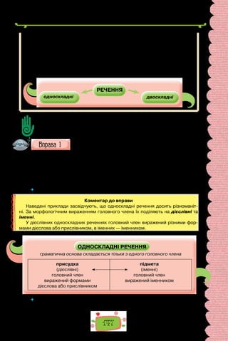 147
У реченні У повітрі стало тепліше не названо носія стану. Він тут не потрі-
бен. Граматична основа цього речення складається тільки з одного головно-
го члена — присудка стало тепліше.
Речення, основу яких утворює один головний член (за формою подібний
до присудка або підмета), що не потребує другого, називають односклад­
ними.
Отже, за кількістю головних членів у граматичній основі речення поділя-
ють на односкладні та двоскладні.
РЕЧЕННЯ
односкладні двоскладні
Доберіть до тексту свої приклади.
Поясніть, як утворені терміни двоскладні, односкладні.
Перепишіть речення, визначте в них граматичну основу.
Доведіть, що подані речення односкладні речення.
1. Любіть Україну! (В. Сосюра). 2. Згаяного часу й конем не доженеш.
(Народна творчість). 3. Бери вершину, матимеш середину (Г. Сковоро-
да). 4. На переправі коней не міняють (Народна творчість). 5. Як тебе не
любити, Києве мій! (Д. Луценко). 6. Без труда нема плода (Народна твор-
чість). 7. Шопена вальс… (М. Рильський).
 	 Чим може бути виражений головний член в односкладному реченні?
Коментар до вправи
Наведені приклади засвідчують, що односкладні речення досить різноманіт-
ні. За морфологічним вираженням головного члена їх поділяють на дієслівні та
іменні.
У дієслівних односкладних реченнях головний член виражений різними фор-
мами дієслова або прислівником, в іменних — іменником.
ОДНОСКЛАДНІ РЕЧЕННЯ
граматична основа складається тільки з одного головного члена
присудка
(дієслівні)
головний член
виражений формами
дієслова або прислівником
підмета
(іменні)
головний член
виражений іменником
 	 Поясніть, за якою ознакою односкладні речення поділяють на дієслівні та
іменні.
 