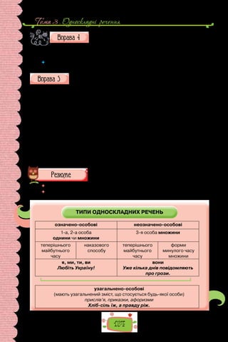 154
Тема 3 . Односкладнi речення
Роздивіться картину. Якими зображено батька й
сина? Які почуття переповнюють їх? Як художник пе-
редав батьківську любов? Як утілив синівське каяття?
Які моральні цінності уособлює картина? Чи можуть вони застаріти, втратити зна-
чення? Чому?
 	 Складіть і запишіть діалог між батьком і сином, використавши односкладні
(означено-особові) речення.
З кожної групи випишіть речення, що є відповіддю на запитання.
Підкресліть головний член; усно поясніть, на підставі чого зробили
висновок про різновид речень.
I. Яке з поданих речень є означено-особовим?
1. Сонячне кіно! Обідня спека. Задуха. 2. Йду. Гладжу рукою соболи-
ну шерсть ячменів. 3. Надворі тихо, безвітряно. 4. Ліниво хлюпоче вода.
5. Для виготовлення ліків використовують так звані кукурудзяні коси.
II. Яке з поданих речень є неозначено-особовим?
1. На весну зовсім у селянина не стало хліба. 2. Знайшов її в садку.
3. Споконвіку на Поліссі вирощували три сорти льону. 4. Крути, та не пе-
рекручуй. 5. Люблю подорожувати восени.
III. Яке з поданих речень є узагальнено-особовим?
1. Діймо в ім’я нашого народу, найвищих ідеалів людства. 2. Довго,
ой, як же довго нема звістки. 3. Любив купатися в Дніпрі. 4. Скажеш —
не вернеш, напишеш — не зітреш. 5. Посадять на своєму обійсті калину.
 	 Перечитайте питання на початку параграфа і дайте на них відповідь.
 	 Схарактеризуйте опрацьовані на уроці типи односкладних речень за
схемою.
ТИПИ ОДНОСКЛАДНИХ РЕЧЕНЬ
означено-особові неозначено-особові
1-а, 2-а особа
однини чи множини
3-я особа множини
теперішнього
майбутнього
часу
наказового
способу
теперішнього
майбутнього
часу
форми
минулого часу
множини
я, ми, ти, ви
Любіть Україну!
вони
Уже кілька днів повідомляють
про грози.
узагальнено-особові
(мають узагальнений зміст, що стосується будь-якої особи)
прислів’я, приказки, афоризми
Хліб-сіль їж, а правду ріж.
 