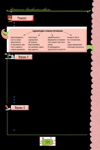 звертанням i вставними словами
199
 	 Перечитайте питання на початку параграфа і дайте на них відповідь.
 	 Схарактеризуйте однорідні члени за схемою.
ОДНОРІДНІ ЧЛЕНИ РЕЧЕННЯ
відповідають
на те саме
запитання
й залежать від
того самого
члена речення
пов’язані
сурядним
зв’язком,
рівноправні,
не залежні один
від одного
здебільшого
виражені словами
тієї самої частини
мови
й передають
однотипні поняття
можуть бути
як головними,
так
і другорядними
членами речення
Випишіть із тексту 3–4 речення з однорідними членами,
підкресліть їх.
Широкою долиною між двома рядками розложистих гір тихо тече по
Васильківщині невеличка річка Раставиця. Серед долин зеленіють роз-
кішні густі та високі верби, там ніби потонуло в вербах село Вербівка.
Між вербами дуже виразно й ясно* блищить проти сонця біла церква з
трьома банями, а коло неї невеличка дзвіниця неначе заплуталась в зе-
леному гіллі старих груш. Подекуди* з-поміж* верб та садків виринають
білі хати та чорніють покрівлі високих клунь.
По обидва береги Раставиці через усю Вербівку стеляться сукупні городи
та левади, не одгороджені тинами. Один город одділяється од другого тільки
рядком верб або межами. Понад самим берегом в’ється в траві стежка через
усе село. Підеш тією стежкою, глянеш кругом себе, і скрізь бачиш зелене-
зелене море верб, садків, конопель, соняшників, кукурудзи та густої осоки.
(Іван Нечуй-Левицький, «Микола Джеря»)
 	 Яка роль однорідних членів речення в поданому описі?
 	 Чому речення з однорідними членами активно вживані в мовленні?
 	 Слова, позначені зірочкою, розберіть як частини мови.
Перепишіть, зніміть скісні риски.
1) по/українському; 2) давним/давно; 3) за/молоду; 4) рік/у/рік;
5) аби/як; 6) будь/коли; 7) будь/що/будь; 8) в/нічию; 9) сам/на/сам;
10) в/зимку; 11) до/лиця; 12) до/побачення; 13) без/вісти; 14) без/кінця/
краю; 15) до/побачення; 16) по/київськи; 17) віч/на/віч; 18) як/най/дуж-
че; 19) без/відома; 20) до/речі; 21) дарма/що; 22) з/дня/на/день; 23) сам/
на/сам; 24) над/вечір.
 	 Якій орфограмі присвячено вправу? Повторіть основні правила, що поясню-
ють правопис слів із цією орфограмою.
 