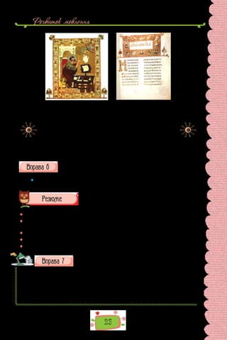 Розвиток мовлення
23
Сторінки Остромирового Євангелія (1056–1057 рр.).
Остромирове Євангеліє — перша точно датована книжка Ки-
ївської Русі. Текст книги написано великими чіткими літерами  —
уставом. У книзі є три мініатюри ав­
торів Євангелій — Іоанна, Луки й
Марка,длячетвертого,Матфія,залишеновільнийп’ятдесятсьомий
аркуш. Чудово зберігся пергамент: йому вже майже тисяча років,
а він ніби щойно виготовлений. Розчинене або листове золото
використовувалося для тла в мініатюрах, заставках та ініціалах.
Дорогими були й фарби, розчинені на яєчному жовтку. Оправу
книжки робили з дощечок й обтягували шкірою.
Складіть усно (на вибір) опис, розповідь або роздум про зображе-
ну пам’ятку.
 	 Чому давні книжки є не тільки історичними джерелами та мистецькими
пам’ятками, а й джерелами вивчення мови?
 	 Перечитайте питання на початку параграфа і дайте на них відповідь.
 	 Тексти якого типу мовлення вам доводиться складати найчастіше? До якого
типу мовлення належить відповідь на уроці?
 	 Тексти якого типу мовлення вам створювати найскладніше?
 	 Чому потрібно вміти конспектувати?
 	 Що таке конспект і тематичні виписки?
Підготуйте тематичні виписки для повідомлення на тему
«Не бійтесь заглядати у словник: як за допомогою словни-
ків удосконалити мовні навички».
Пригадайте типи словників, про які довідалися на уроках мови в попередні роки на-
вчання. Із передмов до словників випишіть інформацію про обсяг опрацьованих у
них мовних одиниць, особливості побудови словникової статті, наведіть приклади
користування словником. Обов’язково зазначайте джерело, на яке покликаєтеся,
за зразком:
Словник української мови / Відп. ред. В. В. Жайворонок. — Київ : ВЦ «Просвіта», 2012. 
 