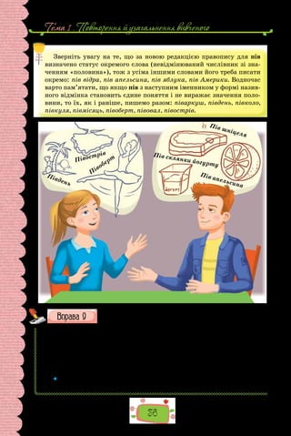 Тема 1 . Повторення й узагальнення вивченого
36
Зверніть увагу на те, що за новою редакцією правопису для пів
визначено статус окремого слова (невідмінюваний числівник зі зна-
ченням «половина»), тож з усіма іншими словами його треба писати
окремо: пів відра, пів апельсина, пів яблука, пів Америки. Водночас
варто пам’ятати, що якщо пів з наступним іменником у формі назив-
ного відмінка становить єдине поняття і не виражає значення поло-
вини, то їх, як і раніше, пишемо разом: піваркуш, південь, півколо,
півкуля, півмісяць, півоберт, півовал, півострів.
П
івоберт
Півострів
Пів шніцеля
Пів апельсина
Пів склянки йогурту
Південь
Запишіть слова, поставте, де потрібно, апостроф.
1) тьм..яний; 2) сп..янілий; 3) з..юрмитися; 4) мавп..ячий; 5) перед..-
ювілейний; 6) з..ініціювати; 7) пів..ялинки; 8) вар..яг; 9) уп..ятьох;
10) арф..яр; 11) розм..якнути; 12) між..ярусний; 13) дит..ясла; 14) трьох..-
­
опорний; 15) пів..Європи; 16) розв..язаний; 17) черв..як; 18) кон..юк­
-
тивіт; 19) н..юанс; 20) моркв..яний; 21) прем..єра; 22) ад..ютант;
23) харків..янин; 24) міст..янин.
 	 Якій орфограмі присвячено вправу? Повторіть основні правила, що поясню-
ють правопис слів із цією орфограмою.
 