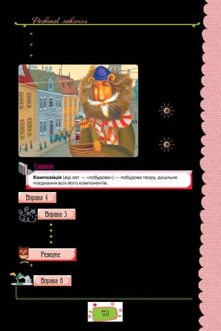 Розвиток мовлення
49
 	 Поміркуйте, з якою метою створено поданий текст. Спробуйте визначити
його жанр.
 	 Пригадайте передмови до різних книжок, які вам доводилося читати. Які ком-
позиційні елементи можна виокремити в передмові?
 	 Уважно роздивіться ілюстрацію. Чи таким ви уявили Старого Лева, прочитав-
ши текст?
Словник
Перечитайте уважно передмову до підручника. Які жанрові ознаки
властиві цьому текстові?
Напишіть передмову до фотоальбому, присвяченого
(на вибір):
 вашому класові;
 вашій школі;
 пам’ятним місцям вашого рідного міста (села);
 вашій родині.
 	 Перечитайте питання на початку параграфа і дайте на них відповідь.
Підготуйте повідомлення про призначення, жанрові озна-
ки, будову передмови в науково-популярному виданні
(довіднику, енциклопедії для дітей тощо). Зробіть у разі по-
треби тематичні виписки, зазначивши джерело інформації.
Володимир Штанко.
З ілюстрацій до казок
Старого Лева.
 