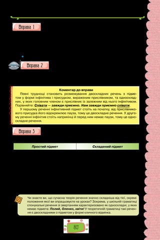 85
Визначте підмети в поданих реченнях.
1. Двоє діток бавилося на підлозі. 2. Тарас зайшов до однокласни-
ка із Сашком. 3. Берези весело кучерявилися з бузком. 4. Ніхто з них
не збирався вибачатися. 5. Джованні Боккаччо — автор славнозвісного
«Декаме­
рону». 6. «Запорожці пишуть листа турецькому султанові» Іллі
Рєпіна — яскравий зразок історичного живопису.
 	 У яких реченнях ужито простий підмет?
Запишіть речення, визначте в кожному граматичну основу.
Чи всі вони мають підмет? Чим виражений підмет?
1. Навчатися — найскладніша праця. 2. Багатьом бракує вміння на-
вчатися. 3. Подорожувати — завжди цікаво. 4. Нам завжди цікаво подо-
рожувати.
Коментар до вправи
Певні труднощі становить розмежування двоскладних речень з підме-
том у формі інфінітива і присудком, вираженим прислівником, та односклад-
них, у яких головним членом є прислівник із залежним від нього інфінітивом.
Порівняйте: Співати — завжди приємно. Нам завжди приємно співати.
У першому реченні інфінітивний підмет стоїть на початку, від прислівнико-
вого присудка його відокремлює пауза, тому це двоскладне речення. У друго-
му реченні інфінітив стоїть наприкінці й перед ним немає паузи, тому це одно-
складне речення.
Попрацюйте з таблицею в зошиті. Розподіліть речення між колон-
ками залежно від способу вираження в них підмета.
РІЗНОВИДИ ПІДМЕТІВ ЗА СПОСОБОМ ВИРАЖЕННЯ
Простий підмет Складений підмет
1. Багато вітрів прошуміло над головою. 2. У житті є не тільки «хочу».
3. Із п’ять хлопців мостилося коло столу з книжками. 4. Лиш боротись —
значить жити. 5. І знову «слава»покотилося вулицями. 6. Майже три
роки минуло відтоді. 7. Добре вчитися — вміння, що формується з ро-
ками. 8. Двоє приятелів стояли осторонь. 9. «Гуси-лебеді летять» — по-
вість Михайла Стельмаха. 10. Розкішні крислаті кущі з буйною лозою
вкривали подвір’я. 11. Один у полі не воїн. 12. На  стадіоні зібралося
багато людей.
Чи знаєте ви, що сучасна теорія речення значно складніша від тієї, окремі
положення якої ви опрацьовуєте на уроках? Зокрема, у шкільній граматиці
спонукальні речення зі звертанням характеризовано як односкладні, у яких
немає підмета: Полий, Оленко, квіти! У теоретичній граматиці такі речен-
ня є двоскладними з підметом у формі кличного відмінка.
 