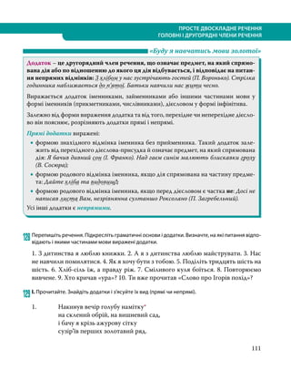 111
ПРОСТЕ ДВОСКЛАДНЕ РЕЧЕННЯ
ГОЛОВНІ І ДРУГОРЯДНІ ЧЛЕНИ РЕЧЕННЯ
	 «Буду я навчатись мови золотої»
Додаток – це другорядний член речення, що означає предмет, на який спрямо-
вана дія або по відношенню до якого ця дія відбувається, і відповідає на питан-
ня непрямих відмінків: З хлібом у нас зустрічають гостей (П. Воронько). Стрілка
годинника наближається до п’ятої. Батьки навчили нас жити чесно.
Виражається додаток іменниками, займенниками або іншими частинами мови у
формі іменників (прикметниками, числівниками), дієсловом у формі інфінітива.
Залежно від форми вираження додатка та від того, перехідне чи неперехідне дієсло-
во він пояснює, розрізняють додатки прямі і непрямі.
Прямі додатки виражені:
•
• формою знахідного відмінка іменника без прийменника. Такий додаток зале-
жить від перехідного дієслова-присудка й означає предмет, на який спрямована
дія: Я бачив дивний сон (І. Франко). Над гаєм синім малюють блискавки грозу
(В. Сосюра);
•
• формою родового відмінка іменника, якщо дія спрямована на частину предме-
та: Дайте хліба та видовищ!;
•
• формою родового відмінка іменника, якщо перед дієсловом є частка не: Досі не
написав листа Вам, незрівнянна султаншо Роксолано (П. Загребельний).
Усі інші додатки є непрямими.
128	Перепишіть речення. Підкресліть граматичні основи і додатки. Визначте, на які питання відпо-
відають і якими частинами мови виражені додатки.
1. З дитинства я люблю книжки. 2. А я з дитинства люблю майструвати. 3. Нас
не навчили помилятися. 4. Як я хочу бути з тобою. 5. Поділіть тридцять шість на
шість. 6. Хліб-сіль їж, а правду ріж. 7. Сміливого куля боїться. 8. Повторюємо
вивчене. 9. Хто кричав «ура»? 10. Ти вже прочитав «Слово про Ігорів похід»?
129	І. Прочитайте. Знайдіть додатки і з’ясуйте їх вид (прямі чи непрямі).
1.	 Накинув вечір голубу намітку*
на склений обрій, на вишневий сад,
і бачу я крізь ажурову сітку
сузір’їв перших золотавий ряд.
 