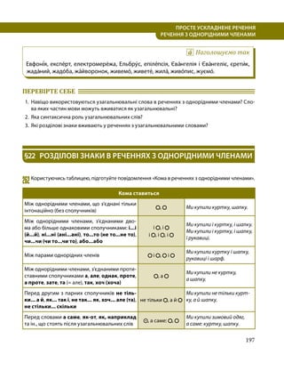 197
ПРОСТЕ УСКЛАДНЕНЕ РЕЧЕННЯ
  РЕЧЕННЯ З ОДНОРІДНИМИ ЧЛЕНАМИ
Наголошуємо так
Евфоні́я, експе́рт, електромере́жа, Ельбру́с, епіле́псія, Єва́нгелія і Єва́нгеліє, єрети́к,
жада́ний, жадо́ба, жа́йворонок, живемо́, живете́, жила́, живо́пис, жуємо́.
ПЕРЕВІРТЕ СЕБЕ 	
1.	 Навіщо використовуються узагальнювальні слова в реченнях з однорідними членами? Сло­
ва яких частин мови можуть вживатися як узагальнювальні?
2.	 Яка синтаксична роль узагальнювальних слів?
3.	 Які розділові знаки вживають у реченнях з узагальнювальними словами?
§22	 РОЗДІЛОВІ ЗНАКИ В РЕЧЕННЯХ З ОДНОРІДНИМИ ЧЛЕНАМИ
262	Користуючись таблицею, підготуйте повідомлення «Кома в реченнях з однорідними членами».
Кома ставиться
Між однорідними членами, що з’єднані тільки
інтонаційно (без сполучників)
, Ми купили куртку, шапку.
Між однорідними членами, з’єднаними дво­
ма або більше однаковими сполучниками: і...і
(й...й), ні...ні (ані...ані), то...то (не то...не то),
чи...чи (чи то...чи то), або...або
і , і
і , і , і
Ми купили і куртку, і шапку.
Ми купили і куртку, і шапку,
і рукавиці.
Між парами однорідних членів і , і
Ми купили куртку і шапку,
рукавиці і шарф.
Між однорідними членами, з’єднаними проти­
ставними сполучниками а, але, однак, проте,
а проте, зате, та (= але), так, хоч (хоча)
, а
Ми купили не куртку,
а шапку.
Перед другим з парних сполучників не тіль-
ки... а й, як... так і, не так... як, хоч... але (та),
не стільки... скільки
не тільки , а й
Ми купили не тільки курт-
ку, а й шапку.
Перед словами а саме, як-от, як, наприклад
та ін., що стоять після узагальнювальних слів
, а саме: ,
Ми купили зимовий одяг,
а саме: куртку, шапку.
 