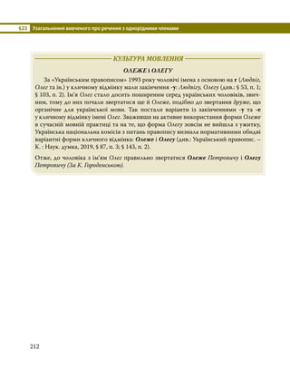 §23	 Узагальнення вивченого про речення з однорідними членами
212
	 КУЛЬТУРА МОВЛЕННЯ 	
ОЛЕЖЕ і ОЛЕГУ
	 За «Українським правописом» 1993 року чоловічі імена з основою на г (Людвіг,
Олег та ін.) у кличному відмінку мали закінчення -у: Людвігу, Олегу (див.: § 53, п. 1;
§ 103, п. 2). Ім’я Олег стало досить поширеним серед українських чоловіків, звич­
ним, тому до них почали звертатися ще й Олеже, подібно до звертання друже, що
органічне для української мови. Так постали варіанти із закінченнями -у та -е
у кличному відмінку імені Олег. Зваживши на активне використання форми Олеже
в сучасній мовній практиці та на те, що форма Олегу зовсім не вийшла з ужитку,
Українська національна комісія з питань правопису визнала нормативними обидві
варіантні форми кличного відмінка: Олеже і Олегу (див.: Український правопис. –
К. : Наук. думка, 2019, § 87, п. 3; § 143, п. 2).
Отже, до чоловіка з ім’ям Олег правильно звертатися Олеже Петровичу і Олегу
Петровичу (За К. Городенською).
 