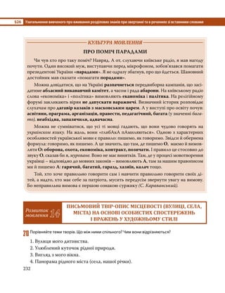 §26	 Узагальнення вивченого про вживання розділових знаків при звертанні та в реченнях зі вставними словами
232
	 КУЛЬТУРА МОВЛЕННЯ 	
ПРО ПОМІЧ ПАРАДАМИ
	 Чи чув хто про таку поміч? Навряд. А от, слухаючи київське радіо, я мав нагоду
почути. Один високий муж, виступаючи перед мікрофоном, зобов’язався помагати
президентові України «парадами». Я не одразу збагнув, про що йдеться. Шановний
достойник мав сказати «помагати порадами».
	 Можна довідатися, що на Україні разпачнеться передвиборна кампанія, що засі-
датиме абласний виканавчий камітет, а часом і рада абарони. На київському радіо
слова «економіка» і «політика» вимовляють еканоміка і палітика. На релігійному
форумі закликають вірян не дапускати варажнечі. Визначний історик розповідає
слухачам про дагавір казаків з масковським царем. А у виступі про освіту почув:
асвітяни, праграма, арганізація, правести, педагагічний, багата (у значенні бага-
то), неабхідна, запазичили, адначасна.
	 Можна не сумніватися, що усі ті мовці гадають, що вони чудово говорять на
украінском язику. На жаль, вони «глибАкА пАмиляються». Одною з характерних
особливостей української мови є правило: пишемо, як говоримо. Звідси й обернена
формула: говоримо, як пишемо. А це значить, що там, де пишемо О, маємо й вимов-
ляти О: оборона, охота, економіка, контракт, позичати. І правило це стосовно до
звуку О, сказав би я, муроване. Воно не має винятків. Там, де у процесі мовотворення
українці – відповідно до мовних законів – вимовляють А, там за нашим правописом
ми й пишемо А: гарячий, багатий, гаразд, хазяїн, калач тощо.
	 Той, хто хоче правильно говорити сам і навчити правильно говорити своїх ді-
тей, а надто, хто має себе за патріота, мусить передусім звернути увагу на вимову.
Бо неправильна вимова є першою ознакою суржику (С. Караванський).
Розвиток
мовлення 14
ПИСЬМОВИЙ ТВІР-ОПИС МІСЦЕВОСТІ (ВУЛИЦІ, СЕЛА,
МІСТА) НА ОСНОВІ ОСОБИСТИХ СПОСТЕРЕЖЕНЬ
І ВРАЖЕНЬ У ХУДОЖНЬОМУ СТИЛІ
310	Порівняйте теми творів. Що між ними спільного? Чим вони відрізняються?
1. Вулиця мого дитинства.
2. Улюблений куточок рідної природи.
3. Вигляд з мого вікна.
4. Панорама рідного міста (села, нашої річки).
 