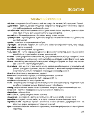 289
ТЛУМАЧНИЙ СЛОВНИК
абси́да – півкруглий (іноді багатокутний) виступ у стіні античної або церковної будівлі.
адвенти́вні – рослини, занесені людиною або різними природними чинниками з одних
географічних районів чи областей в інші.
антибіо́тики – виділювані деякими мікроорганізмами хімічні речовини, що мають здат-
ність пригнічувати ріст і розвиток тих чи інших мікробів.
антоло́гія – збірка вибраних творів одного жанру різних авторів.
аранжува́ння – пристосування музичного твору до виконання певним складом інстру-
ментів (голосів).
ареа́л – територія поширення чого-небудь.
атрибу́ти – ознака або предмет, які становлять характерну прикмету кого-, чого-небудь.
багро́вий – густо-червоний.
багря́ний – густо-червоний, пурпуровий.
бальнеоло́гія – галузь медицини, що вивчає фізико-хімічний склад, застосування в ліку-
ванні і дію на організм мінеральних вод та грязей.
баро́ко – стиль у європейському мистецтві, що розвивався з кінця XVI до середини XVIII ст.
бастіо́н – старовинне укріплення – п’ятикутна бойова споруда на розі фортечного муру.
ба́шта – висока і вузька споруда багатогранної або круглої форми, що будується окремо
або становить частину будівлі; вежа.
бекгра́унд – все, що стосується життя, освіти, зв’язків, досвіду людини; інтелектуальний
рівень, культурна підготовка, ступінь освіченості, життєвий і професійний досвід;
інструментальний або голосовий супровід; фонове зображення.
бенте́га – бентежність, хвилювання, тривога.
біоси́нтез – біохімічний процес утворення речовин в організмі.
бу́рса – чоловіча духовна школа у XVIII – середині XIX ст.
вака́нсія – вільна посада в штаті установи.
ве́жа – висока вузька споруда, що має висоту значно більшу за ширину і будується окре-
мо або як складова частина фортеці, палацу і т. ін.; башта.
вівта́р – відокремлене іконостасом підвищення в церкві, де розташований престол.
вінші́вки – поетичні поздоровлення, прославляння, побажання.
вітрові́ння – віяння вітру.
габа́ – (заст.) турецьке сукно білого кольору.
ге́ндерний – пов’язаний з роллю в суспільстві осіб чоловічої або жіночої статі.
генофо́нд – сукупність генів, які є у всіх представників популяції певного виду.
гормона́льний – прикм. до гормон – біологічно активна речовина, що утворюється і ви-
діляється в кров залозами внутрішньої секреції.
грот – печероподібна заглибина чи порожнина у земній корі природного або штучного
характеру.
ДОДАТКИ
 