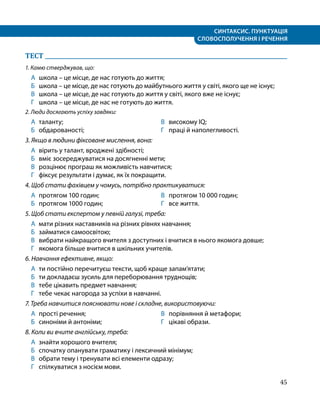 СИНТАКСИС. ПУНКТУАЦІЯ
СЛОВОСПОЛУЧЕННЯ І РЕЧЕННЯ
45
ТЕСТ 	
1. Камю стверджував, що:
А	 школа – це місце, де нас готують до життя;
Б	 школа – це місце, де нас готують до майбутнього життя у світі, якого ще не існує;
В	 школа – це місце, де нас готують до життя у світі, якого вже не існує;
Г	 школа – це місце, де нас не готують до життя.
2. Люди досягають успіху завдяки:
А	 таланту;
Б	 обдарованості;
В	 високому IQ;
Г	 праці й наполегливості.
3. Якщо в людини фіксоване мислення, вона:
А	 вірить у талант, вроджені здібності;
Б	 вміє зосереджуватися на досягненні мети;
В	 розцінює програш як можливість навчитися;
Г	 фіксує результати і думає, як їх покращити.
4. Щоб стати фахівцем у чомусь, потрібно практикуватися:
А	 протягом 100 годин;
Б	 протягом 1000 годин;
В	 протягом 10 000 годин;
Г	 все життя.
5. Щоб стати експертом у певній галузі, треба:
А	 мати різних наставників на різних рівнях навчання;
Б	 займатися самоосвітою;
В	 вибрати найкращого вчителя з доступних і вчитися в нього якомога довше;
Г	 якомога більше вчитися в шкільних учителів.
6. Навчання ефективне, якщо:
А	 ти постійно перечитуєш тексти, щоб краще запам’ятати;
Б	 ти докладаєш зусиль для переборювання труднощів;
В	 тебе цікавить предмет навчання;
Г	 тебе чекає нагорода за успіхи в навчанні.
7. Треба навчитися пояснювати нове і складне, використовуючи:
А	 прості речення;
Б	 синоніми й антоніми;
В	 порівняння й метафори;
Г	 цікаві образи.
8. Коли ви вчите англійську, треба:
А	 знайти хорошого вчителя;
Б	 спочатку опанувати граматику і лексичний мінімум;
В	 обрати тему і тренувати всі елементи одразу;
Г	 спілкуватися з носієм мови.
 