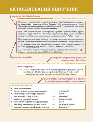 Як побудований підручник
4
ЯК ПОБУДОВАНИЙ ПІДРУЧНИК
Ці визначення треба запам’ятати
Прочитайте і зрозумійте Ці інтернетні джерела допоможуть вам
у вивченні мови – і не тільки
Виконуючи вправи, звертайте увагу на ці позначки
(такі завдання можна робити усно і письмово)
УМОВНІ ПОЗНАЧЕННЯ
•	 додаткове завдання
* 	 з’ясуйте значення слова за словником 	 —	 лейтмотив*
ф	 виконайте фонетичний розбір слова 	 —	 б’ютьф
о	 поясніть орфограму в слові	 —	 незнанняо
б	 розберіть слово за будовою	 —	 безпосереднійб
м	 виконайте морфологічний розбір слова	 —	 путьм
п	 поясніть уживання розділових знаків	 —	 Ми, мабуть, підемо.п
сн	 виконайте синтаксичний розбір речення	 —	 Вже світає.сн
	 Додайте до вибраного
http://litopys.org.ua
«Ізборник» – історія України IX–XVIII ст. Першоджерела та інтерпретації – проєкт
електронної бібліотеки давньої української літератури. А також тексти
з мовознавства, літературознавства, політології, історичні мапи.
	 «Буду я навчатись мови золотої»
Прикладка – це означення, виражене іменником. Прикладка характеризує пред-
мет, даючи йому іншу назву: Озеро Світязь – одне з найкрасивіших в Украї­
ні.
Українська хата-праматір має цілий ряд оберегів (В. Скуратівський). Мій молод-
ший брат любить читати журнал «Пізнайко».
Прикладки вказують на різні якості предмета (красуня наречена), заняття, профе­
сію (мама-лікар), вік (брати-однолітки), національність (друг-поляк), географічні
назви (річка Рось), назви газет, книжок, підприємств (завод «Радар») тощо.
Прикладка може пояснювати головні і другорядні члени речення, може бути оди­
ничною (вираженою одним словом) і поширеною (вираженою словосполученням).
З двох іменників – власного імені людини й загальної назви – прикладкою є загаль­
на назва: Учитель музики Людмила Петрівна, гетьман Сагайдачний.
З двох іменників – власної назви міст, сіл, річок, озер тощо й загальної назви – при­
кладкою є власна назва: гори Медобори, річка Ятрань.
 