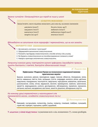 5
ЯК ПОБУДОВАНИЙ
ПІДРУЧНИК
Уважно читайте і дотримуйтеся цих порад не лише у школі
Відповідайте на запитання після параграфа і переконайтесь, що ви все засвоїли
Наприкінці кожного уроку повторюйте вивчені орфограми (пригадуйте правила,
пишіть диктанти з пам’яті, диктуйте однокласникові тощо)
На кожному уроці вправляйтеся у наголошуванні слів
(промовляйте вголос, складайте словосполучення та ін.)
У додатках у кінці підручника: тлумачення всіх слів, позначених (*), схеми розборів.
	 КУЛЬТУРА МОВЛЕННЯ 	
Запам’ятайте, якого відмінка вимагають дієслова від залежних іменників:
	 дякувати (кому?) 		 болить (кому, що?)
	 завдавати (чого?) 		 вибачати (кому?)
	 навчатися (чого?) 		вибачатися (перед ким?)
	 хворіти (на що?) 		 вчитися (чого?)
ПЕРЕВІРТЕ СЕБЕ 	
1.	 Що вивчають синтаксис і пунктуація?
2.	 Сформулюйте визначення словосполучення.
3.	 Розкажіть про будову словосполучення, способи зв’язку слів у ньому.
4.	 Які бувають словосполучення за способом вираження головного слова?
5.	 Наведіть приклади синонімічних словосполучень.
Пишемо так
Орфограма «Подвоєні букви на позначення подовженої вимови
приголосних звуків»
Зрання, значення, уміння, оволодіння, суддя, галуззя, обличчя, піклування, зілля,
життя, навмання, сміття, Ілля, затишшя, стаття, знаряддя, колосся, рілля, цвітіння,
павутиння, походження, тисячоліття, звертання, чергування, мовлення, запитання,
узагальнення, сіллю, ніччю, вірування, весілля, приміщення, каміння, закінчення,
завзяття, вирощування, узлісся, дослідження, обговорення, проміння, прохання,
світання, насіння, насадження, востаннє, заняття, рішення, обладнання, взуття.
Наголошуємо так
Гайкови́й, гастроно́мія, гелікопте́р, ґене́за, гео́метр, гілко́вий, гли́бо́ко, голкови́й,
гори́стий, гори́цвіт, гороши́на, граблі́, груше́вий.
 