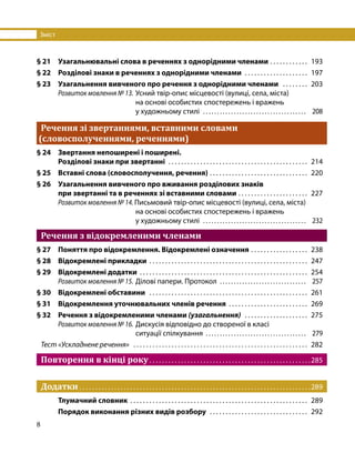 Зміст
8
§ 21	 Узагальнювальні слова в реченнях з однорідними членами  . . . . . . . . . . . 	193
§ 22	 Розділові знаки в реченнях з однорідними членами  . . . . . . . . . . . . . . . . . . . . 	197
§ 23	 Узагальнення вивченого про речення з однорідними членами  . . . . . . . . 	203
		 Розвиток мовлення № 13.	Усний твір-опис місцевості (вулиці, села, міста)
на основі особистих спостережень і вражень
у художньому стилі  .  .  .  .  .  .  .  .  .  .  .  .  .  .  .  .  .  .  .  .  .  .  .  .  .  .  .  .  .  .  .  .  .  .  .  .  .  . 	208
	 Речення зі звертаннями, вставними словами	
(словосполученнями, реченнями)	
§ 24	 Звертання непоширені і поширені.
Розділові знаки при звертанні  . . . . . . . . . . . . . . . . . . . . . . . . . . . . . . . . . . . . . . . . . . . . 	214
§ 25	 Вставні слова (словосполучення, речення)  . . . . . . . . . . . . . . . . . . . . . . . . . . . . . . 	220
§ 26	 Узагальнення вивченого про вживання розділових знаків
при звертанні та в реченнях зі вставними словами  . . . . . . . . . . . . . . . . . . . . . 	227
		 Розвиток мовлення № 14. Письмовий твір-опис місцевості (вулиці, села, міста)
на основі особистих спостережень і вражень
у художньому стилі  .  .  .  .  .  .  .  .  .  .  .  .  .  .  .  .  .  .  .  .  .  .  .  .  .  .  .  .  .  .  .  .  .  .  .  .  .  . 	232
	 Речення з відокремленими членами	
§ 27	 Поняття про відокремлення. Відокремлені означення  . . . . . . . . . . . . . . . . . 	238
§ 28	 Відокремлені прикладки  . . . . . . . . . . . . . . . . . . . . . . . . . . . . . . . . . . . . . . . . . . . . . . . . . 	247
§ 29	 Відокремлені додатки  . . . . . . . . . . . . . . . . . . . . . . . . . . . . . . . . . . . . . . . . . . . . . . . . . . . . 	254
		 Розвиток мовлення № 15.	Ділові папери. Протокол  .  .  .  .  .  .  .  .  .  .  .  .  .  .  .  .  .  .  .  .  .  .  .  .  .  .  .  .  .  .  .  . 	257
§ 30	 Відокремлені обставини  . . . . . . . . . . . . . . . . . . . . . . . . . . . . . . . . . . . . . . . . . . . . . . . . . . 	261
§ 31	 Відокремлення уточнювальних членів речення  . . . . . . . . . . . . . . . . . . . . . . . . 	269
§ 32	 Речення з відокремленими членами (узагальнення)  . . . . . . . . . . . . . . . . . . . . 	275
		 Розвиток мовлення № 16.	Дискусія відповідно до створеної в класі
ситуації спілкування  .  .  .  .  .  .  .  .  .  .  .  .  .  .  .  .  .  .  .  .  .  .  .  .  .  .  .  .  .  .  .  .  .  .  .  .  . 	279
	 Тест «Ускладнене речення»  . . . . . . . . . . . . . . . . . . . . . . . . . . . . . . . . . . . . . . . . . . . . . . . . . . . . . . . 	282
	 Повторення в кінці року . . . . . . . . . . . . . . . . . . . . . . . . . . . . . . . . . . . . . . . . . . . . . . . . . . 285	
		
	 Додатки  . . . . . . . . . . . . . . . . . . . . . . . . . . . . . . . . . . . . . . . . . . . . . . . . . . . . . . . . . . . . . . . . . . . . . . . . 289	
	 	 Тлумачний словник  . . . . . . . . . . . . . . . . . . . . . . . . . . . . . . . . . . . . . . . . . . . . . . . . . . . . . . . 	289
		 Порядок виконання різних видів розбору  . . . . . . . . . . . . . . . . . . . . . . . . . . . . . . . 	292
 