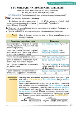 Ðå÷åííÿ
107
Ðå÷åííÿ ç îäíîðiäíèìè ÷ëåíàìè
§ 24. ÎÄÍÎÐІÄÍІ ÒÀ ÍÅÎÄÍÎÐІÄÍІ ÎÇÍÀ×ÅÍÍß
Ïðî òå, êîëè äâà é áіëüøå îçíà÷åíü îäíîðіäíі
òà ÿêó ðîëü âîíè âèêîíóþòü ó ìîâі
ПРИГАДАЙМО. Який другорядний член речення називають означенням?
А. Знайдіть у реченнях означення.
1. Ïàäàëè íà ïіñîê ñèíі, çåëå-
íі, æîâòі, æîâòîãàðÿ÷і êðóæàëà
ñâіòó (Ïàíàñ Ìèðíèé).
2. Íåáî âêðèëè äðіáíі áіëі
õìàðè (ß. Ãðèìàéëî).
Б. З’ясуйте, чи з одного боку означення характеризують предмет. У якому речен-
ні означення однорідні?
В. Зробіть висновок, як відрізнити однорідні означення від неоднорідних.
Теорія Äâà é áіëüøå îçíà÷åíü ìîæóòü áóòè îäíîðіäíèìè àáî
íåîäíîðіäíèìè.
Îçíà÷åííÿ îäíîðіäíі, êîëè: Ïðèêëàäè
õàðàêòåðèçóþòü ïðåäìåò ç îäíîãî
áîêó (ó ïåðåëіêó îñîáëèâîñòåé àáî
ÿêîñòåé ïðåäìåòà)
áіëі, ÷åðâîíі, æîâòі òðîÿíäè
óêàçóþòü íà ðіçíі áëèçüêі, ñóìіæíі
îçíàêè ïðåäìåòà (ïîçèòèâíі àáî íå-
ãàòèâíі ðèñè; ðîçìіð òîùî)
ñâіòëå, áåçõìàðíå íåáî;
ëàïàòèé, âîëîõàòèé ñíіã
ñòîÿòü ïіñëÿ îçíà÷óâàíîãî ñëîâà ñòåï òðèâîæíèé, òåìíèé
äðóãå é ïîäàëüøі îçíà÷åííÿ ïіäñè-
ëþþòü àáî óòî÷íþþòü ïåðøå
òèõà, ìіñÿ÷íà, ëіòíÿ íі÷
âèñòóïàþòü õóäîæíіìè îçíà÷åííÿ-
ìè (åïіòåòàìè)
Іäå ãðîçà äçâіíêà і êó÷åðÿâà
ñàäàì çàìëіëі ðóêè öіëóâàòü
(Ë. Êîñòåíêî).
ç äâîõ îçíà÷åíü ïåðøèì ñòîїòü íå-
ïîøèðåíå, à äðóãèì – ïîøèðåíå
ðіâíèé, çàëèòèé ñîíöåì ñòåï
Неоднорідні
означення
Íåîäíîðіäíі îçíà÷åííÿ õàðàêòåðèçóþòü ïðåäìåò ç ðіç-
íèõ áîêіâ. ÍÀÏÐÈÊËÀÄ: òåïëèé ëіòíіé âå÷іð; ìîðñüêі
ïðîçîðі õâèëі.
Çàâæäè íåîäíîðіäíèìè є îçíà÷åííÿ, âèðàæåíі ñïîëó÷åí-
íÿì çàéìåííèêà é ïðèêìåòíèêà (ìіé íàéêðàùèé äðóã),
ÿêіñíîãî é âіäíîñíîãî ïðèêìåòíèêіâ (âèñîêèé äíіïðîâ-
ñüêèé áåðåã), ÿêіñíîãî і ïðèñâіéíîãî ïðèêìåòíèêіâ (óëþ-
áëåíà ìàìèíà ïіñíÿ). Êîæíå ïîïåðåäíє ç íåîäíîðіäíèõ
îçíà÷åíü ñòîñóєòüñÿ âñüîãî ïîäàëüøîãî ñëîâîñïîëó÷åííÿ,
à íå áåçïîñåðåäíüî îçíà÷óâàíîãî ñëîâà. ÍÀÏÐÈÊËÀÄ:
ÿêà? ÿêà?
ñòàðà äèêà ãðóøà ; çäîðîâà ñòàðà äèêà ãðóøà
224
1 2
äèêà ãðóøà ;
 