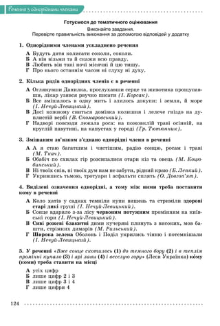 Ðå÷åííÿ
124
Ðå÷åííÿ ç îäíîðiäíèìè ÷ëåíàìè
Готуємося до тематичного оцінювання
Виконайте завдання.
Перевірте правильність виконання за допомогою відповідей у додатку
1. Îäíîðіäíèìè ÷ëåíàìè óñêëàäíåíî ðå÷åííÿ
À Áóäóòü äèòÿ êîëèñàòè ñîêîëè, ñîêîëè.
Á À âіí âіçüìè òà é ñêàæè âñþ ïðàâäó.
Â Ëþáèòü âіí òàêі íî÷і ìіñÿ÷íі é öþ òèøó.
Ã Ïðî íüîãî îñòàííіì ÷àñîì íі ñëóõó íі äóõó.
2. Êіëüêà ðÿäіâ îäíîðіäíèõ ÷ëåíіâ є â ðå÷åííі
À Îãëÿíóâøè Äàíèëêà, ïðîñëóõàâøè ñåðöå òà æèâîòèêà ïðîùóïàâ-
øè, ëіêàð óçÿâñÿ ðâó÷êî ïèñàòè (І. Êîðñàê).
Á Âñå çìіøàëîñü â îäíó ìèòü і çëèëîñü äîêóïè: і çåìëÿ, é ìîðå
(І. Íå÷óé-Ëåâèöüêèé).
Â Äîñі êîæíîìó ñíèòüñÿ äîìіâêà êîëèøíÿ і ëåëå÷å ãíіçäî íà äó-
ïëèñòіé âåðáі (Â. Ñêîìàðîâñüêèé).
Ã Íàäâîðі ïîâñþäè ëåæàëà ðîñà: íà ïîæîâêëіé òðàâі îñіííіé, íà
êðóãëіé ïàâóòèíі, íà êàïóñòàõ ó ãîðîäі (Ãð. Òþòþííèê).
3. Çìіøàíèì çâ’ÿçêîì ç’єäíàíî îäíîðіäíі ÷ëåíè â ðå÷åííі
À À ÿ ñòàþ áàãàòøèì і ÷èñòіøèì, ðàäіþ ñîíöþ, ðîñàì і òðàâі
(Ì. Òêà÷).
Á Îáàáі÷ ïî ñõèëàõ ãіð ðîçñèïàëèñÿ îòàðè êіç òà îâåöü (Ì. Êîöþ-
áèíñüêèé).
Â Íі òâîїõ ñíіâ, íі òâîїõ äóì íàì íå çàáóòè, ðіäíèé êðàþ (Á. Ëåïêèé).
Ã Óêðèâøèñü òüìîþ, òðîòóàðè і àñôàëüòè ñïëÿòü (Î. Äîâãîï’ÿò).
4. Âèäіëåíі îçíà÷åííÿ îäíîðіäíі, à òîìó ìіæ íèìè òðåáà ïîñòàâèòè
êîìó â ðå÷åííі
À Êîëî õàòіâ ó ñàäêàõ òåìíіëè êóïè âèøåíü òà ñòðèìіëè çäîðîâі
ñòàðі äèêі ãðóøі (І. Íå÷óé-Ëåâèöüêèé).
Á Ñîíöå âäàðèëî ç-çà ëіñó ÷åðâîíèì ïîòóæíèì ïðîìіííÿì íà êèїâ-
ñüêі ãîðè (І. Íå÷óé-Ëåâèöüêèé).
Â Ñèâі ðîæåâі áëàêèòíі äèìè êó÷åðÿâі ïëèíóòü ç âèñîêèõ, ìîâ áà-
øòè, ñòðіìêèõ äèìàðіâ (Ì. Ðèëüñüêèé).
Ã Øèðîêà çåëåíà Îáîëîíü і Ïîäіë óêðèëèñü òіííþ і ïîòåìíіøàëè
(І. Íå÷óé-Ëåâèöüêèé).
5. Ó ðå÷åííі «Âæå ñîíöå ñêîòèëîñü (1) äî òåìíîãî áîðó (2) і â òåïëіì
ïðîìіííі êóïàëî (3) і ÿðі ëàíè (4) і âåñåëóþ ãîðó» (Ëåñÿ Óêðàїíêà) êîìó
(êîìè) òðåáà ñòàâèòè íà ìіñöі
À óñіõ öèôð
Á ëèøå öèôð 2 і 3
Â ëèøå öèôð 3 і 4
Ã ëèøå öèôðè 4
 