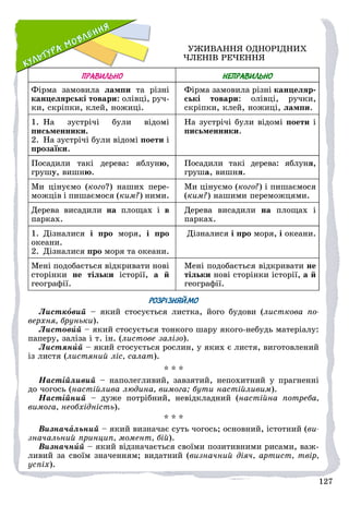 127
127
ÓÆÈÂÀÍÍß ÎÄÍÎÐІÄÍÈÕ
×ËÅÍІÂ ÐÅ×ÅÍÍß
ПРАВИЛЬНО НЕПРАВИЛЬНО
Ôіðìà çàìîâèëà ëàìïè òà ðіçíі
êàíöåëÿðñüêі òîâàðè: îëіâöі, ðó÷-
êè, ñêðіïêè, êëåé, íîæèöі.
Ôіðìà çàìîâèëà ðіçíі êàíöåëÿð-
ñüêі òîâàðè: îëіâöі, ðó÷êè,
ñêðіïêè, êëåé, íîæèöі, ëàìïè.
1. Íà çóñòðі÷і áóëè âіäîìі
ïèñüìåííèêè.
2. Íà çóñòðі÷і áóëè âіäîìі ïîåòè і
ïðîçàїêè.
Íà çóñòðі÷і áóëè âіäîìі ïîåòè і
ïèñüìåííèêè.
Ïîñàäèëè òàêі äåðåâà: ÿáëóíþ,
ãðóøó, âèøíþ.
Ïîñàäèëè òàêі äåðåâà: ÿáëóíÿ,
ãðóøà, âèøíÿ.
Ìè öіíóєìî (êîãî?) íàøèõ ïåðå-
ìîæöіâ і ïèøàєìîñÿ (êèì?) íèìè.
Ìè öіíóєìî (êîãî?) і ïèøàєìîñÿ
(êèì?) íàøèìè ïåðåìîæöÿìè.
Äåðåâà âèñàäèëè íà ïëîùàõ і â
ïàðêàõ.
Äåðåâà âèñàäèëè íà ïëîùàõ і
ïàðêàõ.
1. Äіçíàëèñÿ і ïðî ìîðÿ, і ïðî
îêåàíè.
2. Äіçíàëèñÿ ïðî ìîðÿ òà îêåàíè.
Äіçíàëèñÿ і ïðî ìîðÿ, і îêåàíè.
Ìåíі ïîäîáàєòüñÿ âіäêðèâàòè íîâі
ñòîðіíêè íå òіëüêè іñòîðії, à é
ãåîãðàôії.
Ìåíі ïîäîáàєòüñÿ âіäêðèâàòè íå
òіëüêè íîâі ñòîðіíêè іñòîðії, à é
ãåîãðàôії.
РОЗРІЗНЯЙМО
Ëèñòêîâèé – ÿêèé ñòîñóєòüñÿ ëèñòêà, éîãî áóäîâè (ëèñòêîâà ïî-
âåðõíÿ, áðóíüêè).
Ëèñòîâèé – ÿêèé ñòîñóєòüñÿ òîíêîãî øàðó ÿêîãî-íåáóäü ìàòåðіàëó:
ïàïåðó, çàëіçà і ò. іí. (ëèñòîâå çàëіçî).
Ëèñòÿíèé – ÿêèé ñòîñóєòüñÿ ðîñëèí, ó ÿêèõ є ëèñòÿ, âèãîòîâëåíèé
іç ëèñòÿ (ëèñòÿíèé ëіñ, ñàëàò).
* * *
Íàñòіéëèâèé – íàïîëåãëèâèé, çàâçÿòèé, íåïîõèòíèé ó ïðàãíåííі
äî ÷îãîñü (íàñòіéëèâà ëþäèíà, âèìîãà; áóòè íàñòіéëèâèì).
Íàñòіéíèé – äóæå ïîòðіáíèé, íåâіäêëàäíèé (íàñòіéíà ïîòðåáà,
âèìîãà, íåîáõіäíіñòü).
* * *
Âèçíà÷àëüíèé – ÿêèé âèçíà÷àє ñóòü ÷îãîñü; îñíîâíèé, іñòîòíèé (âè-
çíà÷àëüíèé ïðèíöèï, ìîìåíò, áіé).
Âèçíà÷íèé – ÿêèé âіäçíà÷àєòüñÿ ñâîїìè ïîçèòèâíèìè ðèñàìè, âàæ-
ëèâèé çà ñâîїì çíà÷åííÿì; âèäàòíèé (âèçíà÷íèé äіÿ÷, àðòèñò, òâіð,
óñïіõ).
 