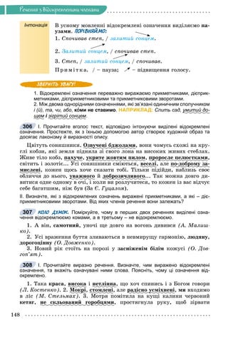 Ðå÷åííÿ
148
Ðå÷åííÿ ç âiäîêðåìëåíèìè ÷ëåíàìè
Інтонація Â óñíîìó ìîâëåííі âіäîêðåìëåíі îçíà÷åííÿ âèäіëÿєìî ïà-
óçàìè. ПОРІВНЯЙМО:
1. Ñïî÷èâàâ ñòåï, / çàëèòèé ñîíöåì.
2. Çàëèòèé ñîíöåì, / ñïî÷èâàâ ñòåï.
3. Ñòåï, / çàëèòèé ñîíöåì, / ñïî÷èâàâ.
Ïðèìіòêà. / – ïàóçà; – ïіäâèùåííÿ ãîëîñó.
1. Відокремлені означення переважно виражаємо прикметниками, дієприк-
метниками, дієприкметниковими та прикметниковими зворотами.
2. Між двома однорідними означеннями, які зв’язані одиничним сполучником
і (й), та, чи, або, ко
оми не ставимо. НАПРИКЛАД: Спить сад, умитий до-
у
щем
щ і зігрітий сонцем
р ц .
І. Прочитайте вголос текст, відповідно інтонуючи виділені відокремлені
означення. Простежте, як з їхньою допомогою автор створює художній образ та
досягає лаконізму й виразності опису.
Öâіòóòü ñîíÿøíèêè. Îçâó÷åíі áäæîëàìè
ó ä , âîíè ÷îìóñü ñõîæі íà êðó-
ãëі êîáçè, ÿêі çåìëÿ ïіäíÿëà çі ñâîãî ëîíà íà âèñîêèõ æèâèõ ñòåáëàõ.
Æèâå òіëî êîáç, ïàõó÷å
ó , óêðèòå æîâòèì ïèëîì
ó ð , ïðîðîñëå ïåëþñòêàìè
ð ð ,
ñâіòèòü і çîëîòіє... Óñі ñîíÿøíèêè ñìіþòüñÿ, âåñåëі, àëå ïî-äîáðîìó çà-
ä ð ó
ìèñëåíі, êîæåí ùîñü õî÷å ñêàçàòè òîáі. Òіëüêè ïіäіéäè, íàáëèçü ñâîє
îáëè÷÷ÿ äî íüîãî, óâàæíîãî
ó é äîáðîçè÷ëèâîãî
ä ð ... Òàê ìîæíà äîâãî äè-
âèòèñÿ îäíå îäíîìó â î÷і, і êîëè âè ðîçëó÷èòåñÿ, òî êîæåí іç âàñ âіä÷óє
ñåáå áàãàòøèì, íіæ áóâ (Çà Є. Ãóöàëîì).
ІІ. Визначте, які з відокремлених означень виражені прикметниками, а які – діє-
прикметниковими зворотами. Від яких членів речення вони залежать?
КОЛО ДУМОК. Поміркуйте, чому в перших двох реченнях виділені озна-
чення відокремлюємо комами, а в третьому – не відокремлюємо.
1. À âіí, ñàìîòíèé, óíî÷і ùå äîâãî íà âîãîíü äèâèâñÿ (À. Ìàëèø-
êî).
2. Óñі âðàæåííÿ áóòòÿ çëèâàþòüñÿ â íåâìèðóùó ãàðìîíіþ, ëþäÿíó,
äîðîãîöіííó (Î. Äîâæåíêî).
3. Íîâèé ðіê ñòîїòü íà ïîðîçі ó çàñíіæåíіì áіëіì êîæóñі (Î. Äîâ-
ãîï’ÿò).
І. Прочитайте виразно речення. Визначте, чим виражено відокремлені
означення, та вкажіть означувані ними слова. Поясніть, чому ці означення від-
окремлено.
1. Òàêà êðàñà, âèñîêà і íåòëіííà, ùî õî÷ ñïèíèñü і ç Áîãîì ãîâîðè
(Ë. Êîñòåíêî). 2. Ìîêðі
ð , ñòîìëåíі, àëå ðàäіñíî óñìіõíåíі
ð ä ó , ìè âõîäèìî
â ëіñ (Ì. Ñòåëüìàõ). 3. Ìîòðÿ ïîìіòèëà íà êóùі êàëèíè ÷åðâîíèé
êåòÿã, íå ñêëüîâàíèé ãîðîáöÿìè
ð ö , ïðîñòÿãíóëà ðóêó, ùîá çіðâàòè
306
307
308
 