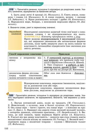 Ðå÷åííÿ
152
Ðå÷åííÿ ç âiäîêðåìëåíèìè ÷ëåíàìè
І. Прочитайте речення, інтонуючи їх відповідно до розділових знаків. Ука-
жіть означення, відокремлені за бажанням автора.
1. Іäóòü äîùі ëåãêі é ïðîçîðі (À. Ìàëèøêî). 2. Ñïèòü çåìëÿ, îõìà-
ðåíà і ñëàâíà (À. Ìàëèøêî). 3. À ñîíöå ñõîäèëî, âåëèêå і ëàñêàâå
(Ë. Çàáàøòà). 4. Çіðêè ðîçñèïàëèñü õîëîäíі і äðіáíі (Î. Êîíîíåíêî).
5. Íàðîäèëîñÿ ìîðå, áåçêðàє, ç íåîñÿæíèì ìîðñüêèì îáðієì (Î. Äîâ-
æåíêî).
ІІ. Визначте слова, ужиті в переносному значенні.
Неузгоджені
означення
Íåóçãîäæåíі îçíà÷åííÿ çàçâè÷àé òіñíî ïîâ’ÿçàíі ç îçíà-
÷óâàíèì ñëîâîì і íå âіäîêðåìëþþòüñÿ âіä íüîãî.
ÍÀÏÐÈÊËÀÄ: Êіìíàòó ïðèêðàøàëè êâіòè ç ëіñó
ó.
Ïðîòå ìîæåìî âіäîêðåìëþâàòè é íåóçãîäæåíі îçíà÷åí-
íÿ, ÿêі âèðàæåíî іìåííèêîì àáî íåîçíà÷åíîþ ôîðìîþ
äієñëîâà, êîëè òðåáà çâåðíóòè óâàãó íà ÿêіñü îçíàêè ÷è
âëàñòèâîñòі, іíòîíàöіéíî ïіäêðåñëèòè їõíє çíà÷åííÿ äëÿ
çìіñòó ðå÷åííÿ.
Ñïîñіá âèðàæåííÿ îçíà÷åííÿ Ïðèêëàäè
іìåííèê ó íåïðÿìîìó âіä-
ìіíêó
1. Ó ñàòèíîâіé ñîðî÷öі, ó ïîëîòíÿ-
ð ö ó
íèõ øòàíÿõ, âіí ïðèéøîâ ñþäè ïåð-
øèì іç äðóæèíîþ і äіòüìè (À. Øèÿí).
2. Òðîє ñòàðøèí – ó ðóáöÿõ, ó êðè-
ó ðó ö ó ð
âàâîìó êëî÷÷і, ïðÿìî іç áîþ
ó ð – ãîâî-
ðèëè ïðî áіé íà Äíіïðі (Ë. Êîñòåíêî).
íåîçíà÷åíà ôîðìà äієñëîâà
(ïåðåä òàêèì îçíà÷åííÿì
ìîæíà âñòàâèòè ñëîâà à ñàìå)
Îäíå ëèø ìàâ áàæàííÿ – äîïîìîã-
òè.
Âіäîêðåìëåíå îçíà÷åííÿ, âèðàæåíå іìåííèêîì, âèäіëÿє-
ìî çà äîïîìîãîþ êîì àáî òèðå.
Âіäîêðåìëåíå îçíà÷åííÿ, âèðàæåíå íåîçíà÷åíîþ ôîð-
ìîþ äієñëîâà, âèäіëÿєìî çà äîïîìîãîþ òèðå.
Прочитайте речення, інтонуючи їх відповідно до розділових знаків. Ука-
жіть неузгоджені означення, які відокремлено. Визначте, чим виражено ці озна-
чення.
1. Çâó÷àâ ïîòåìíіëèé äçâіí, ïóäіâ íà òðèäöÿòü (Ì. Ñòåëüìàõ).
2. Íåâåëè÷êèé, ç êóëà÷îê, æèâ â áîëîòі êóëè÷îê (Î. Ïàðõîìåíêî).
3. Îñü ñîíöå âіðè – ÷èñòå і ïðîñòå, îñü ñîíöå ìіðè – ç âіæêàìè íà õðà-
ïàõ (І. Äðà÷). 4. Ïðàâîðó÷ âіä äîðîãè ñòîÿâ âèñîêèé ìîëîäèé ÷îëîâіê,
ó ïîòåðòèõ äæèíñàõ, ñòîïòàíèõ êðîñіâêàõ… (Ï. Çàãðåáåëüíèé). 5. Âè-
ñîêà, äî øèї êîçàêіâ, òðàâà âêðèâàëà áåðåãè ðі÷êè (À. Êàùåíêî).
6. Óçàãàëі âіí ìàє äèâíó âëàñòèâіñòü – çíèêàòè ïðè î÷àõ ñòàâàòè çîâñіì
íåïîìіòíèì і íіêîëè íіêîìó íå çàâàæàòè (Î. Ãîí÷àð). 7. Âåëèêіé ìåòі –
ïіäíіìàòè íàðîä ç âіêîâі÷íîї òåìðÿâè – ñëóæèâ і Øåâ÷åíêіâ òàëàíò
(Ï. Ôåä÷åíêî).
319
320
 