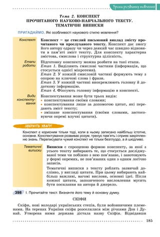 Óðîêè ðîçâèòêó ìîâëåííÿ
Òåìà 2. ÊÎÍÑÏÅÊÒ
ÏÐÎ×ÈÒÀÍÎÃÎ ÍÀÓÊÎÂÎ-ÍÀÂ×ÀËÜÍÎÃÎ ÒÅÊÑÒÓ.
ÒÅÌÀÒÈ×ÍІ ÂÈÏÈÑÊÈ
ПРИГАДАЙМО. Які особливості наукового стилю мовлення?
Конспект Êîíñïåêò – öå ñòèñëèé ïèñüìîâèé âèêëàä çìіñòó ïðî-
÷èòàíîãî ÷è ïðîñëóõàíîãî òåêñòó. Êîíñïåêò äàє çìîãó
éîãî àâòîðó îäðàçó ÷è ÷åðåç äåÿêèé ÷àñ øâèäêî âіäíîâè-
òè â ïàì’ÿòі çìіñò òåêñòó. Äëÿ êîíñïåêòó õàðàêòåðíà
çìіñòîâà, ñìèñëîâà і ñòðóêòóðíà öіëіñíіñòü.
Етапи
роботи
Ïіäãîòîâêó êîíñïåêòó ìîæíà ðîçáèòè íà òàêі åòàïè.
Åòàï 1. Âèäіëÿþòü ñìèñëîâі ÷àñòèíè (іíôîðìàöіÿ, ùî
ñòîñóєòüñÿ îäíієї ìіêðîòåìè).
Åòàï 2. Ó êîæíіé ñìèñëîâіé ÷àñòèíі ôîðìóþòü òåìó ç
îïîðîþ íà êëþ÷îâі ñëîâà і ôðàçè.
Åòàï 3. Ó êîæíіé ÷àñòèíі âèîêðåìëþþòü ãîëîâíó é äî-
äàòêîâó іíôîðìàöіþ.
Åòàï 4. Ôіêñóþòü ãîëîâíó іíôîðìàöіþ â êîíñïåêòі.
Види
конспекту-
вання
Êîíñïåêòóâàííÿ ìîæå áóòè òðüîõ âèäіâ:

 êîíñïåêòóâàííÿ ñâîїìè ñëîâàìè;

 êîíñïåêòóâàííÿ ëèøå çà äîïîìîãîþ öèòàò, ÿêі ïåðå-
äàþòü çìіñò òåêñòó;

 çìіøàíå êîíñïåêòóâàííÿ (ñâîїìè ñëîâàìè, çàñòîñî-
âóþ÷è îêðåìі âëó÷íі öèòàòè).
Конспект є корисним тільки тоді, коли в ньому записано найбільш істотне,
основне. Конспектування розвиває розум, тренує пам’ять і сприяє закріплен-
ню знань. Переписувати чужий конспект не тільки безглуздо, а й шкідливо.
Тематичні
виписки
Âèïèñêè є ñïðîùåíîþ ôîðìîþ êîíñïåêòó, çà ÿêîї ç
óñüîãî òåêñòó âèáèðàþòü òå, ùî ñòîñóєòüñÿ äîñëіäæó-
âàíîї òåìè ÷è ïîáіæíî ç íåþ ïîâ’ÿçàíå, і çàíîòîâóþòü
ó ôîðìі îêðåìèõ, íå ïîâ’ÿçàíèõ îäèí ç îäíèì ëîãі÷íî
çàïèñіâ.
Òåìàòè÷íі âèïèñêè ç òåêñòó ðîáëÿòü çàçâè÷àé äî-
ñëіâíî, ó âèãëÿäі öèòàòè. Ïðè öüîìó âèáèðàþòü íàé-
áіëüø âàæëèâі, âàãîìі âèñëîâè, îñíîâíі іäåї. Ïіñëÿ
êîæíîї öèòàòè, çàïîçè÷åíîãî âèñëîâëåííÿ ìóñèòü
áóòè ïîñèëàííÿ íà àâòîðà é äæåðåëî.
І. Прочитайте текст. Визначте його тему й основну думку.
ÑÊІÔÈ
Ñêіôè, íîâі âîëîäàðі óêðàїíñüêèõ ñòåïіâ, áóëè âîéîâíè÷èìè ïëåìå-
íàìè. Íà òåðåíàõ Óêðàїíè ñêіôè ðîçñåëèëèñÿ ìіæ ðі÷êàìè Äîí і Äó-
íàé. Óòâîðåíà íèìè äåðæàâà äіñòàëà íàçâó Ñêіôіÿ. Âіäâіäàâøè
398
 