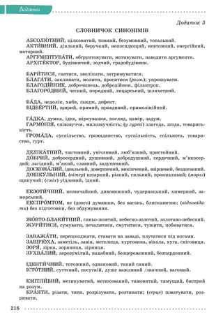 216
Äîäàòêè
Äîäàòîê 3
ÑËÎÂÍÈ×ÎÊ ÑÈÍÎÍІÌІÂ
ÀÁÑÎËÞÒÍÈÉ, öіëêîâèòèé, ïîâíèé, áåçóìîâíèé, òîòàëüíèé.
ÀÊÒÈÂÍÈÉ, äіÿëüíèé, áåðó÷êèé, íåïîñèäþùèé, íåâòîìíèé, åíåðãіéíèé,
ìîòîðíèé.
ÀÐÃÓÌÅÍÒÓÂÀÒÈ, îáґðóíòîâóâàòè, ìîòèâóâàòè, íàâîäèòè àðãóìåíòè.
ÀÐÕІÒÅÊÒÎÐ, áóäіâíè÷èé, çîä÷èé, ãðàäîáóäіâíèê.
ÁÀÐÈÒÈÑß, ãàÿòèñÿ, çâîëіêàòè, çàòðèìóâàòèñÿ.
ÁËÀÃÀÒÈ, çàêëèíàòè, ìîëèòè, ïðîñèòèñÿ (ðîçì.
(
( ); óïðîøóâàòè.
ÁËÀÃÎÄІÉÍÈÊ, äîáðî÷èíåöü, äîáðîäіéíèê, ôіëàíòðîï.
ÁËÀÃÎÐÎÄÍÈÉ, ÷åñíèé, ïîðÿäíèé, ëèöàðñüêèé, øëÿõåòíèé.
ÂÀÄÀ, íåäîëіê, õèáà, ґàíäæ, äåôåêò.
ÂІÄÂÅÐÒÈÉ, ùèðèé, ïðÿìèé, ïðàâäèâèé, ïðÿìîëіíіéíèé.
ÃÀÄÊÀ, äóìêà, іäåÿ, ìіðêóâàííÿ, ïîãëÿä, íàìіð, çàäóì.
ÃÀÐÌÎÍІß, ñïіâçâó÷÷ÿ, ìèëîçâó÷íіñòü; (ó ãóðòі) çëàãîäà, çãîäà, òîâàðèñü-
êіñòü.
ÃÐÎÌÀÄÀ, ñóñïіëüñòâî, ãðîìàäÿíñòâî, ñóñïіëüíіñòü, ñïіëüíîòà, òîâàðè-
ñòâî, ãóðò.
ÄÅËІÊÀÒÍÈÉ, òàêòîâíèé, óâі÷ëèâèé, ëþá’ÿçíèé, ïðèñòîéíèé.
ÄÎÁÐÈÉ, äîáðîñåðäíèé, äóøåâíèé, äîáðîäóøíèé, ñåðäå÷íèé, ì’ÿêîñåð-
äèé; ëàãіäíèé, ì’ÿêèé, ñëàâíèé, çàäóøåâíèé.
ÄÎÑÊÎÍÀËÈÉ, іäåàëüíèé, äîâåðøåíèé, âèêіí÷åíèé, âçіðöåâèé, áåçäîãàííèé.
À
À
ÄÎØÊÓËÜÍÈÉ, (âіòåð) øïàðêèé, ðіçêèé, ñèëüíèé, ïðîíèçëèâèé; (ìîðîç)
ùèïó÷èé; (ñìіõ) óїäëèâèé, їäêèé.
ÅÊÇÎÒÈ×ÍÈÉ, íåçâè÷àéíèé, äèâîâèæíèé, ÷óäåðíàöüêèé, õèìåðíèé, çà-
ìîðñüêèé.
ÅÊÑÏÐÎÌÒÎÌ, íå (äîâãî) äóìàâøè, áåç âàãàíü, áëèñêàâè÷íî; (âіäïîâіäà-
òè) áåç ïіäãîòîâêè, áåç îáäóìóâàííÿ.
ÆÎÂÒÎ-ÁËÀÊÈÒÍÈÉ, ñèíüî-æîâòèé, íåáåñíî-çîëîòèé, çîëîòàâî-íåáåñíèé.
ÆÓÐÈÒÈÑß, ñóìóâàòè, ïå÷àëèòèñÿ, ñìóòèòèñÿ, òóæèòè, ïîáèâàòèñÿ.
ÇÀÂÀÆÀÒÈ, ïåðåøêîäæàòè, ñòàâàòè íà çàâàäі, ïëóòàòèñÿ ïіä íîãàìè.
ÇÀÂІÐÞÕÀ, çàìåòіëü, çàâіÿ, ìåòåëèöÿ, õóðòîâèíà, âіõîëà, õóãà, ñíіãîâèöÿ.
ÇÎÐß, çіðêà, çîðÿíèöÿ, çіðíèöÿ.
ÇÓÕÂÀËÈÉ, çàðîçóìіëèé, íàõàáíèé, áåçöåðåìîííèé, áåçïàðäîííèé.
ІÄÅÍÒÈ×ÍÈÉ, òîòîæíèé, îäíàêîâèé, òàêèé ñàìèé.
ІÑÒÎÒÍÈÉ, ñóòòєâèé, ïîñóòíіé, äóæå âàæëèâèé /çíà÷íèé, âàãîìèé.
ÊÌІÒËÈÂÈÉ, ìåòèêóâàòèé, ìåòèêîâàíèé, òÿìîâèòèé, òÿìóùèé, áèñòðèé
íà ðîçóì.
ÊÐÀßÒÈ, ðіçàòè, òÿòè, ðîçðіçóâàòè, ðîçòèíàòè; (ñåðöå) øìàòóâàòè, ðîç-
ðèâàòè.
 