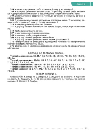 Äîäàòêè
289. У четвертому реченні треба поставити 1 кому, у восьмому – 2.
295. У чотирьох реченнях є вставні слова. У третьому реченні треба виділити
ще й дієприслівниковий зворот. У восьмому реченні треба поставити 3 коми.
300. Дієприкметникові звороти є в чотирьох реченнях. У першому реченні є
обидва звороти.
309. В одному реченні немає пропущених розділових знаків. У четвертому ре-
ченні треба поставити 3 коми, у п’ятому (складне) – 1.
313. У кожній групі має бути по два речення.
317. У другому реченні: коми після слів земля, дощем, сонця; тире після слова
ти.
318. Треба виписати шість речень
327. У шостому реченні немає прикладки.
333. У реченнях треба поставити тире.
360. У другому реченні треба поставити 6 ком.
371. У другому реченні треба поставити 3 коми, у сьомому – 2.
375. Четверте речення ускладнено однорідними членами та відокремленою
обставиною (треба поставити 3 коми).
376. Шосте речення ускладнено відокремленим означенням та відокремленою
обставиною.
ВІДПОВІДІ ДО ТЕСТОВИХ ЗАВДАНЬ
Тестові завдання на с. 66–67. 1 В; 2 А; 3 Б; 4 Б; 5 Г; 6 А; 7 В; 8 Б, Д; 9. 1 Г, 2 В,
3 Б, 4 А.
Тестові завдання на с. 96–98. 1 Б; 2 В; 3 А; 4 Г; 5 В; 6. 1 А, 2 В, 3 Б, 4 Е, 5 Г;
7. 1 Д, 2 В, 3 Б, 4 А; 8 Д; 9 А.
Тестові завдання на с. 124–125. 1 В; 2 Б; 3 А; 4 В; 5 Г; 6 Б; 7 В; 8 А.
Тестові завдання на с. 140–141. 1 А; 2 Г; 3 В; 4 В; 5 Б; 6 Б; 7 А; 8 Г.
Тестові завдання на с. 171–173. 1 Г; 2 А; 3 Б; 4 Б; 5 В; 6. 1 А, 2 Г, 3 В, 4 Б;
7 Г; 8 Б.
ВЕСЕЛА ВІКТОРИНА
Сторінка 128. 1. Літера т. 2. Літерою р. 3. Жодного, бо він скаче. 4. Картопля
не лазить. 5. Тридцять. 6. Ні, бо він не може говорити. 7. Ніскільки, бо склянка
порожня. 8. Міссісіпі. 9. Ямайка.
 