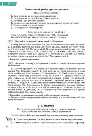 30
Ðå÷åííÿ
Ñèíòàêñè÷íèé ðîçáіð ïðîñòîãî ðå÷åííÿ
Ïîñëіäîâíіñòü ðîçáîðó
1. Âèä ðå÷åííÿ çà ìåòîþ âèñëîâëþâàííÿ.
2. Âèä ðå÷åííÿ çà åìîöіéíèì çàáàðâëåííÿì.
3. Óêàçàòè, ùî ðå÷åííÿ ïðîñòå.
4. Âèçíà÷èòè ãðàìàòè÷íó îñíîâó òà äðóãîðÿäíі ÷ëåíè ðå÷åííÿ.
5. Îäíîñêëàäíå ÷è äâîñêëàäíå.
6. Ïîøèðåíå ÷è íåïîøèðåíå.
Çðàçîê ïèñüìîâîã î ð îçáîðó
×îìó íå ñïèòü âåðáà â ïðîçîðó
ð ðó îñіíü? (Ì. Ñòåëüìàõ).
Ðå÷åííÿ ïèòàëüíå, íåîêë., ïðîñòå, äâîñêë., ïîøèð.
І. Виконайте письмовий синтаксичний розбір речень.
1. Áàãðÿíå ëèñòÿ ïіä íîãàìè ïîêіðíî é òåïëî øåëåñòèòü (Â. Ñîñþðà).
2. І âèéøîâ Êîëóìá íà áåðåã Àìåðèêè âðàíöі, ñòóïèâ íà òðàâó íåâі-
äîìîї äîñі çåìëі (Ë. Êîñòåíêî). 3. Âåðåñåíü ñèïëå ñèíі çàãàòè, ëèñòÿì
áàãðÿíèì øëÿõ çàñòèëà (À. Ìàëèøêî). 4. À âãîðі ãîéäàâñÿ ìіñÿöü
â ãàìàêó íі÷íîãî íåáà (Ì. Ëèæîâ). 5. Ïîїõàëè íà Ñêâèðó, íà ãðèáè,
íà ñâіæå ñëîâî, íà ìåäè íà òåìíі! (Ì. Âіíãðàíîâñüêèé).
ІІ. Випишіть з речень прислівники.
І. Випишіть спочатку прості речення, а потім – складні. Підкресліть грама-
тичні основи.
1. Ïîâіòðÿ òðåìòèòü âіä ñïåêè, é ó ñðіáíіì ìàðåâі òàíöþþòü äàëåêі
òîïîëі (Ì. Êîöþáèíñüêèé). 2. Îëÿ ïîáіãëà äî ñâîєї çóïèíêè, à äîù
ëåòіâ â îáëè÷÷ÿ і íå âùóõàâ (Є. Êîíîíåíêî). 3. Òèõі ñîñíè äî ðàíêó
øóìëÿòü, ìîþ òóãó âèêàçóþòü âіòðó (Ã. ×óáà÷). 4. Äåðåâî ñòîÿëî ùå
ãîëå, îäíàê íà âіòàõ éîãî ïî÷èíàëîñÿ ïòàøèíå æèòòÿ (Ä. Áåäçèê).
5. À òåïåð õëîïåöü ñòàâ ñâіäêîì âàæêîї, ñåðéîçíîї ðîçìîâè äîðîñëèõ
ëþäåé (Í. Áі÷óÿ). 6. Õóðòîâèíà íіáè òðîõè ñòèøèëàñü, òà âñå îäíî éòè
áóëî òÿæêî (Ì. Ñòåëüìàõ). 7. Çíîâó ïîòåïëіøàëî, ëàñêàâå ïîâіòðÿ
äîëèíè âіéíóëî â îáëè÷÷ÿ, à âãîðі íà ÷îðíîìó òëі çàìèãîòіëè ÿñíі òà
âåëèêі çіðêè (À. Äіìàðîâ). 8. Íà âå÷іðíüîìó íåáі ïîòüìÿíіëè é ùåçëè
ñðіáëÿñòі çіðêè (Ì. Ñòåëüìàõ).
ІІ. Виконайте письмово синтаксичний розбір останнього речення.
ІІІ. Випишіть слова з орфограмою «Ненаголошені е, и в корені слова». Обґрун-
туйте написання.
§ 5. ÏІÄÌÅÒ
Ïðî îñîáëèâîñòі ïіäìåòà ÿê ãîëîâíîãî ÷ëåíà ðå÷åííÿ,
âèäè ïіäìåòіâ òà ñïîñîáè їõíüîãî âèðàæåííÿ
ПРИГАДАЙМО. Які є частини мови? Що таке неозначена форма дієслова?
А. Прочитайте речення. З’ясуйте, якою частиною мови є виділені слова.
1. À ãðіì ïî âóëèöÿõ õîäèâ і öüâîõêàâ áàòîãîì ñëіïó÷èì (Ì. Áîðîâêî).
51
52
53
 
