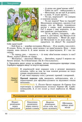 44
×ëåíè ðå÷åííÿ
– À ÿêùî ìè ïðèâ’ÿæåìî òåáå?
– Òîáòî ÿê öå?! – âèáàëóøèâñü ÿ.
– Ìîòóçêîþ, ÿê æå ùå! À äå âçÿòü
її – ÿ çíàþ. Ó êëóíі âèñèòü...
– Òè ùî, æàðòóєø?! – íå ïîâіðèâ
ÿ âëàñíèì âóõàì.
– Òà ÿêі æàðòè? ×èì òè ãіðøèé?
Ìåêàòèìåø ïîòðîøêó, çäàëåêó é íå
âèäíî, õòî öå. Ìîæå, ÷óäîâèñüêî
âèëіçå ç îçåðà, ùîá ðîçäèâèòèñü.
Ãà? І ÿêðàç ó ÿìó âòðàïèòü. À ìè
âæå âèðèєìî, ïîñòàðàєìîñü.
– Òà òè, ìàáóòü, ñêàçèâñÿ, – îáó-
ðèâñÿ ÿ, äîï’ÿâøè, ùî Ìèòüêî é íå
äóìàє æàðòóâàòè. – Ìåíå! Äî äåðå-
âà! Ìîòóçêîþ! À ÿê âîíî ççàäó ïіä-
êðàäåòüñÿ ÷è çáîêó? Òè ïîäóìàâ?
Ñåáå ïðèâ’ÿçóé!
– Õàé áóäó ÿ, – õîðîáðî ïîãîäèâñü Ìèòüêî. – ß íå ÿêèéñü òàì åãîїñò.
ß çãîäåí. Õî÷à, òè çíàєø, ìåíå ìîæíà і íå ïðèâ’ÿçóâàòè. Êîçó – іíøà
ñïðàâà, âîíà âòåêëà á. À ìåíå ìîæíà íå ïðèâ’ÿçóâàòè. ß і òàê ïî-
ñèäæó.
– Òà ãàðàçä óæå, – îõîëîâ ÿ. – À ÷îìó îáîâ’ÿçêîâî êîìóñü іç íàñ?
Ìîæå, êóðêó? Íі÷èì íå ãіðøà.
– Ìîëîäåöü! – âèãóêíóâ Ìèòüêî. – Çâè÷àéíî, êóðêó! І ìîðîêè íà-
áàãàòî ìåíøå. Òà é áåçïå÷íіøå (Çà ß. Ñòåëüìàõîì).
ІІ. Прочитайте діалог уголос за особами, логічно наголошуючи відповідні слова.
Спробуйте передати емоції та почуття персонажів.
Â óêðàїíñüêіé ìîâі ïîðÿäîê ñëіâ ó ðå÷åííі ââàæàþòü
âіëüíèì, òîáòî çà òèì ÷è òèì ÷ëåíîì ðå÷åííÿ íå іñíóє
ñóâîðî çàêðіïëåíîãî ìіñöÿ.
Є äâà òèïè ïîðÿäêó ñëіâ ó ðå÷åííі: ïðÿìèé і íåïðÿìèé.
Прямий
порядок
слів
Ïðÿìèé ïîðÿäîê ñëіâ ââàæàþòü íåéòðàëüíèì, âіí є
õàðàêòåðíèì äëÿ îôіöіéíî-äіëîâîãî òà íàóêîâîãî ñòèëіâ
ìîâëåííÿ.
ÍÀÏÐÈÊËÀÄ: 1. Ïèëèï Îðëèê âèðóøàє äî Єâðîïè äëÿ
ïåðåãîâîðіâ іç êåðіâíèêàìè âåëèêèõ äåðæàâ (Ì. Ñëàáî-
øïèöüêèé). 2. À ñîí ïëèâå ó òèõі âåðáîëîçè (І. Øàðà-
ïîâ).
Ïіäìåò
ðîçìіùåíî
ïåðåä
ïðèñóäêîì
Îçíà÷åííÿ
ðîçìіùåíî
ïåðåä îçíà÷ó-
âàíèì ñëîâîì
Äîäàòîê
ðîçìіùåíî
ïіñëÿ ñëіâ, âіä
ÿêèõ çàëåæèòü
Îáñòàâèíà
çàéìàє ðіçíі
ìіñöÿ
Ðîçòàøóâàííÿ ÷ëåíіâ ðå÷åííÿ ïðè ïðÿìîìó ïîðÿäêó ñëіâ
 