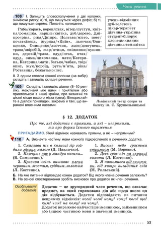 53
×ëåíè ðå÷åííÿ
І. Запишіть словосполучення у дві колонки,
знімаючи риску: а) ті, що пишуться через дефіс; б) ті,
що пишуться окремо. Поясніть написання.
Ðèáà/êàðàñü, âîðîí/ïòàõ, âіòåð/ïóñòóí, êâіò-
êà/ðîìàøêà, íàðöèñ/êâіòêà, äóá/äåðåâî, Äíі-
ïðî/ðіêà, ðіêà/Äíіïðî, Ïîëòàâà/ìіñòî, ïîåò/
ïî÷àòêіâåöü, æóðíàë/«Êèїâ», ëüîò÷èê/Îíè-
ùåíêî, Îíèùåíêî/ëüîò÷èê, ëüîí/äîâãóíåöü,
òðàâà/çâіðîáіé, æàð/ïòèöÿ, ñíіæèíêè/ïóøèí-
êè, äåðåâіé/òðàâà, îäóä/ïòàõ, ïòàõ/
îäóä, çèìà/ëèõîìàíêà, ìàòè/Êàòåðè-
íà, Êàòåðèíà/ìàòè, áàòüêî/÷àáàí, òâіð/
îïèñ, æóê/êîðîїä, ðóòà/ì’ÿòà, ðіêà/
Ðîñòàâèöÿ, áåçõàòüêî/ïåñ.
ІІ. З одним словом кожної колонки (на вибір)
складіть і запишіть складні речення.
Складіть і запишіть діалог (8–10 реп-
лік), можливий між вами і приятелем або
приятелькою з іншої країни, про визначні та
цікаві місця вашого міста (села). Використай-
те в діалозі прикладки, зокрема й такі, що ви-
ражені власними назвами.
§ 12. ÄÎÄÀÒÎÊ
Ïðî òå, ÿêі äîäàòêè є ïðÿìèìè, à ÿêі – íåïðÿìèìè,
òà ïðî ôîðìè їõíüîãî âèðàæåííÿ
ПРИГАДАЙМО. Який відмінок називають прямим, а які – непрямими?
А. Визначте частину мови кожного підкресленого в реченнях додатка.
1. Ñìàãëÿâà íі÷ â êîëèñöі ãіð ãîé-
äàëà ìіñÿöÿ ìàëîãî (Ä. Ïàâëè÷êî).
2. Êëè÷óòü íàñ ó ìàíäðè îêåàíè...
(Â. Ñèìîíåíêî).
3. Êðàñèâà îñіíü âèøèâàє êëåíè
÷åðâîíèì, æîâòèì, ñðіáíèì, çîëîòèì
(Ë. Êîñòåíêî).
1. Âèñîêå íåáî ãðàєòüñÿ
ñòðóìêîì
ó (Ì. Áîðîâêî).
2. Äåñü ãðàє íі÷ íà ñêðèïöі
ñàìîòè (Ë. Êîñòåíêî).
3. ß íàòîìèâñÿ âіä åêçîòè-
êè, âіä õèòðî âèãàäàíèõ ñëіâ
(Ì. Ðèëüñüêèé).
Б. На яке питання відповідає кожен додаток? Від якого члена речення залежить?
В. На основі спостереження зробіть висновок про додаток як член речення.
Особливості
додатків
Äîäàòîê – öå äðóãîðÿäíèé ÷ëåí ðå÷åííÿ, ùî îçíà÷àє
ïðåäìåò, íà ÿêèé ñïðÿìîâàíà äіÿ àáî ùîäî ÿêîãî öÿ
äіÿ âіäáóâàєòüñÿ. Äîäàòêè âіäïîâіäàþòü íà ïèòàííÿ
íåïðÿìèõ âіäìіíêіâ: êîãî? ÷îãî? êîìó? ÷îìó? êîãî? ùî?
êèì? ÷èì? íà êîìó? íà ÷îìó?.
Äîäàòîê âèðàæåíî íàé÷àñòіøå іìåííèêîì, çàéìåííèêîì
àáî іíøîþ ÷àñòèíîþ ìîâè â çíà÷åííі іìåííèêà.
108
ó÷åíü-âіäìіííèê
äóá-âåëåòåíü
ëіêàð-òåðàïåâò
äіâ÷èíà-óêðàїíêà
ñòóäåíò-áіëîðóñ
õëîïåöü-êèÿíèí
äіâ÷èíêà-ñåìèëіòêà
Ëüâіâñüêèé òåàòð îïåðè òà
áàëåòó іì. Ñ. Êðóøåëüíèöüêîї
109
110
 
