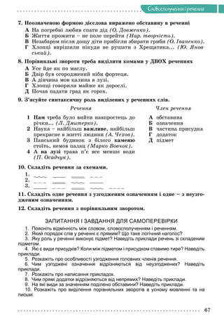 67
Ñëîâîñïîëó÷åííÿ i ðå÷åííÿ
7. Íåîçíà÷åíîþ ôîðìîþ äієñëîâà âèðàæåíî îáñòàâèíó â ðå÷åííі
À Íà ïîãðåáíі ëþáèâ ñïàòè äіä (Î. Äîâæåíêî).
Á Æèòòÿ ïðîæèòè – íå ïîëå ïåðåéòè (Íàð. òâîð÷іñòü).
Â Íåçàáàðîì ïіñëÿ äîùó äіòè ïðèáіãëè çáèðàòè ãðèáè (Î. Іâàíåíêî).
Ã Õëîïöі âèðіøèëè íіêóäè íå ðóøàòè ç Õðåùàòèêà... (Þ. ßíîâ-
ñüêèé).
8. Ïîðіâíÿëüíі çâîðîòè òðåáà âèäіëèòè êîìàìè ó ÄÂÎÕ ðå÷åííÿõ
À Óñå éäå ÿê ïî ìàñëó.
Á Äâіð áóâ îãîðîäæåíèé íіáè ôîðòåöÿ.
Â À äіâ÷èíà ìîâ êàëèíà â ëóçі.
Ã Õëîïöі ãîâîðèëè ìàéæå ÿê äîðîñëі.
Ä Ïî÷àâ ïàäàòè ãðàä ÿê ãîðîõ.
9. Ç’ÿñóéòå ñèíòàêñè÷íó ðîëü âèäіëåíèõ ó ðå÷åííÿõ ñëіâ.
Ðå÷åííÿ ×ëåí ðå÷åííÿ
1
2
3
4
Íàì òðåáà áóëî âèéòè íàâïðîñòåöü äî
ðі÷êè... (Ë. Äìèòåðêî).
Íàóêà – íàéáіëüø âàæëèâå, íàéáіëüø
ïðåêðàñíå â æèòòі ëþäèíè (À. ×åõîâ).
Ïàíñüêèé áóäèíîê ç áіëîãî êàìåíþ
ñòîїòü, íåìîâ ïàëàö (Ìàðêî Âîâ÷îê).
À íà ëóçі òðàâà ï’є âñå ìåíøå âîäè
(Ï. Îñàä÷óê).
À îáñòàâèíà
Á îçíà÷åííÿ
Â ÷àñòèíà ïðèñóäêà
Ã äîäàòîê
Ä ïіäìåò
10. Ñêëàäіòü ðå÷åííÿ çà ñõåìàìè.
1.
2.
3.
11. Ñêëàäіòü îäíå ðå÷åííÿ ç óçãîäæåíèì îçíà÷åííÿì і îäíå – ç íåóçãî-
äæåíèì îçíà÷åííÿì.
12. Ñêëàäіòü ðå÷åííÿ ç ïîðіâíÿëüíèì çâîðîòîì.
ЗАПИТАННЯ І ЗАВДАННЯ ДЛЯ САМОПЕРЕВІРКИ
1. Поясніть відмінність між словом, словосполученням і реченням.
2. Який порядок слів у реченні є прямим? Що таке логічний наголос?
3. Яку роль у реченні виконує підмет? Наведіть приклади речень зі складеним
підметом.
4. Які є види присудків? Коли між підметом і присудком ставимо тире? Наведіть
приклади.
5. Розкажіть про особливості узгодження головних членів речення.
6. Чим узгоджені означення відрізняються від неузгоджених? Наведіть
приклади.
7. Розкажіть про написання прикладок.
8. Чим прямі додатки відрізняються від непрямих? Наведіть приклади.
9. На які види за значенням поділено обставини? Наведіть приклади.
10. Розкажіть про виділення порівняльних зворотів в усному мовленні та на
письмі.
 
