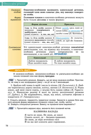 76
Îäíîñêëàäíå ðå÷åííÿ
Означено-
особові
Îçíà÷åíî-îñîáîâèìè íàçèâàþòü îäíîñêëàäíі ðå÷åííÿ,
ãîëîâíèé ÷ëåí ÿêèõ îçíà÷àє äіþ, ÿêó âèêîíóє êîíêðåò-
íà îñîáà.
Форми
вираження
Ãîëîâíèì ÷ëåíîì â îçíà÷åíî-îñîáîâèõ ðå÷åííÿõ ìîæóòü
áóòè òіëüêè äієñëîâà â òàêèõ ôîðìàõ:
Ôîðìè äієñëîâà Ïðèêëàäè
1-øà òà 2-ãà îñîáè îäíèíè é
ìíîæèíè òåïåðіøíüîãî é
ìàéáóòíüîãî ÷àñó
(óÿâíі ïіäìåòè – ÿ, òè, ìè, âè)
Îòàê ïðîéäó êðіçü òâіé âå-
ëèêèé ïîäèâ, íå çà÷åïëþñü îá
ëàãіäíі ñëîâà (Ë. Êîñòåíêî).
1-øà òà 2-ãà îñîáè îäíèíè é
ìíîæèíè íàêàçîâîãî ñïîñîáó
(óÿâíі ïіäìåòè – òè, ìè, âè)
Ïðèïëèâàéòå äî êîëèñêè,
ëåáåäі, ÿê ìðії (Â. Ñèìîíåí-
êî).
Синтаксичні
синоніми
Óñі îäíîñêëàäíі îçíà÷åíî-îñîáîâі ðå÷åííÿ ñèíîíіìі÷íі
äâîñêëàäíèì, àëå, íà âіäìіíó âіä îñòàííіõ, â îçíà÷åíî-
îñîáîâèõ ðå÷åííÿõ óâàãó çîñåðåäæóєìî íå íà
âèêîíàâöåâі, à íà ñàìіé äії. ПОРІВНЯЙМО:
Îäíîñêëàäíі Äâîñêëàäíі
Ëþáëþ ìàíäðóâàòè.
Ïіäè íàïèéñÿ âîäè.
ß ëþáëþ ìàíäðóâàòè.
Òè ïіäè íàïèéñÿ âîäè.
В означено-особових, неозначено-особових та узагальнено-особових ре-
ченнях головний член має форму присудка.
І. Прочитайте речення. Доведіть, що всі вони означено-особові. Простеж-
те, на чому в них зосереджено увагу – на дії чи на її виконавцеві.
1. Çðîáëþ ñîáі ÷îâíà іç ìðіé і âåñëà іç ïіñåíü (Ì. Ðèëüñüêèé). 2. Ëþá-
ëþ ÷åðíіãіâñüêó äîðîãó âåñíîþ, âëіòêó, âîñåíè (Ë. Êîñòåíêî). 3. Ðіäíà
çåìëå, äàé ìåíі ñíàãè ñêðіçü, ó âñüîìó áóòü ñàìèì ñîáîþ (Â. Òàðàñåí-
êî). 4. Íàíèçóєìî ðàäîùі é æàëі íà íèòêó íåñêіí÷åííîї ðîçìîâè
(Ã. Äóäêà). 5. Íå âіäðèâàéòåñü, ëþäè, âіä çåìëі, çëіòàþ÷è ëіôòàìè â
õìàðî÷îñè (Ã. Ãàéâîðîíñüêà).
ІІ. Спишіть речення, підкресліть граматичні основи. Зазначте в дужках біля кож-
ного речення форму вираження головного члена (час, особу, число).
ІІІ. Знайдіть спонукальні речення. Вимогу чи прохання вони виражають?
І. Прочитайте виразно вірш, визначте його основний мотив.
ÊÀËÈÍÎÂÀ ÁÀËÀÄÀ
ß ÷àñòî íå çíàþ. Íå çíàþ, äå õâèëі
Ñòàþòü çîëîòі, äå – áàãðÿíî-òðèâîæíі.
Íå çíàþ, äå ìіðà âãîòîâàíà ñèëі
É íà ùî ìîї êëåêîòè äèêі ñïðîìîæíі.
152
153
 