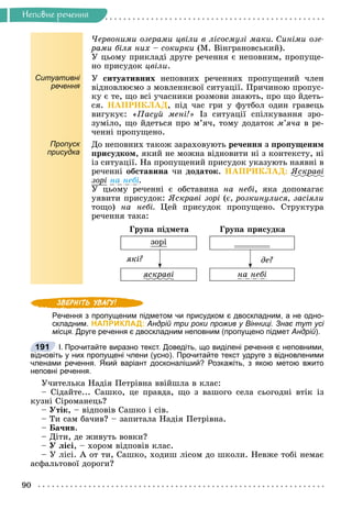 90
Íåïîâíå ðå÷åííÿ
×åðâîíèìè îçåðàìè öâіëè â ëіñîñìóçі ìàêè. Ñèíіìè îçå-
ðàìè áіëÿ íèõ – ñîêèðêè (Ì. Âіíãðàíîâñüêèé).
Ó öüîìó ïðèêëàäі äðóãå ðå÷åííÿ є íåïîâíèì, ïðîïóùå-
íî ïðèñóäîê öâіëè.
Ситуативні
речення
Ó ñèòóàòèâíèõ íåïîâíèõ ðå÷åííÿõ ïðîïóùåíèé ÷ëåí
âіäíîâëþєìî ç ìîâëåííєâîї ñèòóàöії. Ïðè÷èíîþ ïðîïóñ-
êó є òå, ùî âñі ó÷àñíèêè ðîçìîâè çíàþòü, ïðî ùî éäåòü-
ñÿ. ÍÀÏÐÈÊËÀÄ, ïіä ÷àñ ãðè ó ôóòáîë îäèí ãðàâåöü
âèãóêóє: «Ïàñóé ìåíі!» Іç ñèòóàöії ñïіëêóâàííÿ çðî-
çóìіëî, ùî éäåòüñÿ ïðî ì’ÿ÷, òîìó äîäàòîê ì’ÿ÷à â ðå-
÷åííі ïðîïóùåíî.
Пропуск
присудка
Äî íåïîâíèõ òàêîæ çàðàõîâóþòü ðå÷åííÿ ç ïðîïóùåíèì
ïðèñóäêîì, ÿêèé íå ìîæíà âіäíîâèòè íі ç êîíòåêñòó, íі
іç ñèòóàöії. Íà ïðîïóùåíèé ïðèñóäîê óêàçóþòü íàÿâíі â
ðå÷åííі îáñòàâèíà ÷è äîäàòîê. ÍÀÏÐÈÊËÀÄ: ßñêðàâі
ð
çîðі íà íåáі.
Ó öüîìó ðå÷åííі є îáñòàâèíà íà íåáі, ÿêà äîïîìàãàє
óÿâèòè ïðèñóäîê: ßñêðàâі çîðі (є, ðîçêèíóëèñÿ, çàñіÿëè
òîùî) íà íåáі. Öåé ïðèñóäîê ïðîïóùåíî. Ñòðóêòóðà
ðå÷åííÿ òàêà:
Ãðóïà ïіäìåòà Ãðóïà ïðèñóäêà
çîðі
ÿêі? äå?
ÿñêðàâі
ð íà íåáі
Речення з пропущеним підметом чи присудком є двоскладним, а не одно-
складним. НАПРИКЛАД: Андрій три роки прожив у Вінниці. Знає тут усі
місця. Друге речення є двоскладним неповним (пропущено підмет Андрій).
І. Прочитайте виразно текст. Доведіть, що виділені речення є неповними,
відновіть у них пропущені члени (усно). Прочитайте текст удруге з відновленими
членами речення. Який варіант досконаліший? Розкажіть, з якою метою вжито
неповні речення.
Ó÷èòåëüêà Íàäіÿ Ïåòðіâíà ââіéøëà â êëàñ:
– Ñіäàéòå... Ñàøêî, öå ïðàâäà, ùî ç âàøîãî ñåëà ñüîãîäíі âòіê іç
êóçíі Ñіðîìàíåöü?
– Óòіê, – âіäïîâіâ Ñàøêî і ñіâ.
– Òè ñàì áà÷èâ? – çàïèòàëà Íàäіÿ Ïåòðіâíà.
– Áà÷èâ.
– Äіòè, äå æèâóòü âîâêè?
– Ó ëіñі, – õîðîì âіäïîâіâ êëàñ.
– Ó ëіñі. À îò òè, Ñàøêî, õîäèø ëіñîì äî øêîëè. Íåâæå òîáі íåìàє
àñôàëüòîâîї äîðîãè?
191
 