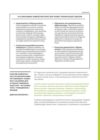 КЛЮЧОВІ КОМПЕТЕНТ-
НОСТІ Й НАСКРІЗНІ ВМІН-
НЯ СТВОРЮЮТЬ “КАНВУ”,
ЯКА Є ОСНОВОЮ ДЛЯ
УСПІШНОЇ САМОРЕАЛІ-
ЗАЦІЇ УЧНЯ – ЯК ОСОБИС-
ТОСТІ, ГРОМАДЯНИНА І
ФАХІВЦЯ.
ДИВІТЬСЯ МАЛЮНКИ →
Ініціативність і підприємливість.
Уміння генерувати нові ідеї й ініціативи
та втілювати їх у життя з метою
підвищення як власного соціального
статусу та добробуту, так і розвитку
суспільства і держави. Вміння раціо-
нально вести себе як споживач, ефек-
тивно використовувати індивідуальні
заощадження, приймати доцільні рішен-
ня у сфері зайнятості, фінансів тощо.
• Обізнаність та самовираження у
сфері культури. Здатність розуміти
твори мистецтва, формувати власні
мистецькі смаки, самостійно виража-
ти ідеї, досвід та почуття за допомо-
гою мистецтва. Ця компетентність
передбачає глибоке розуміння власної
національної ідентичності як підґрунтя
відкритого ставлення та поваги до
розмаїття культурного вираження
інших.
•
Екологічна грамотність і здорове
життя. Уміння розумно та раціональ-
но користуватися природними ресур-
сами в рамках сталого розвитку, усві-
домлення ролі навколишнього середо-
вища для життя і здоров’я людини,
здатність і бажання дотримуватися
здорового способу життя.
•
Соціальна та громадянська компе-
тентності. Усі форми поведінки, які
потрібні для ефективної та конструк-
тивної участі у громадському житті, в
сім’ї, на роботі. Уміння працювати з
іншими на результат, попереджати і
розв’язувати конфлікти, досягати
компромісів. Повага до закону, дотри-
мання прав людини і підтримка соціо-
культурного різноманіття.
•
10 КЛЮЧОВИХ КОМПЕТЕНТНОСТЕЙ НОВОЇ УКРАЇНСЬКОЇ ШКОЛИ
ПРОДОВЖЕННЯ
Усі перелічені компетентності однаково важливі й взаємопов’я-
зані. Кожну з них діти набувають під час вивчення різних предме-
тів на всіх етапах освіти. Спільними для всіх компетентностей є
такі вміння:
• уміння читати і розуміти прочитане • уміння висловлювати думку
усно і письмово • критичне мислення • здатність логічно обґрунто-
вувати позицію • виявляти ініціативу • творити • уміння вирішу-
вати проблеми, оцінювати ризики та приймати рішення • уміння
конструктивно керувати емоціями • застосовувати емоційний
інтелект • здатність співпрацювати в команді.
У рамках запровадження компетентнісного підходу буде створено
нову систему вимірювання й оцінювання результатів навчання.
Зокрема буде змінено зміст зовнішнього незалежного оцінювання.
| 12
 